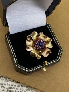14K Two-Tone Gold & Platinum Blue & Pink Sapphire Flower Retro Ring, WWII, c1942