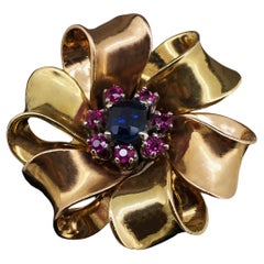 14K Two-Tone Gold & Platinum Blue & Pink Sapphire Flower Retro Ring, WWII, c1942