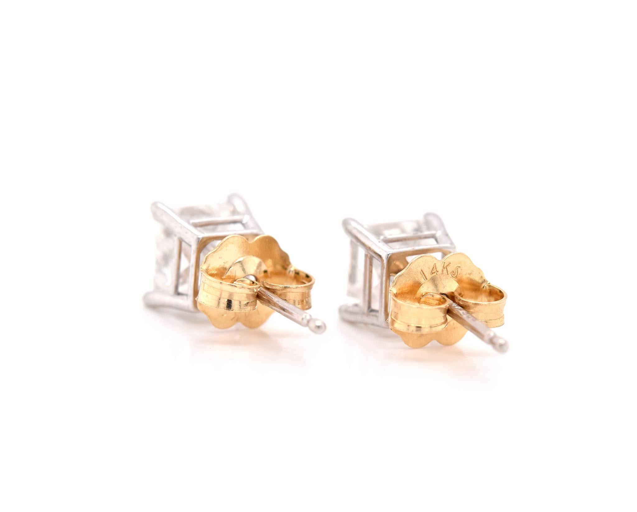 Women's or Men's 14 Karat Two-Tone Gold Princess Cut Diamond Stud Earrings