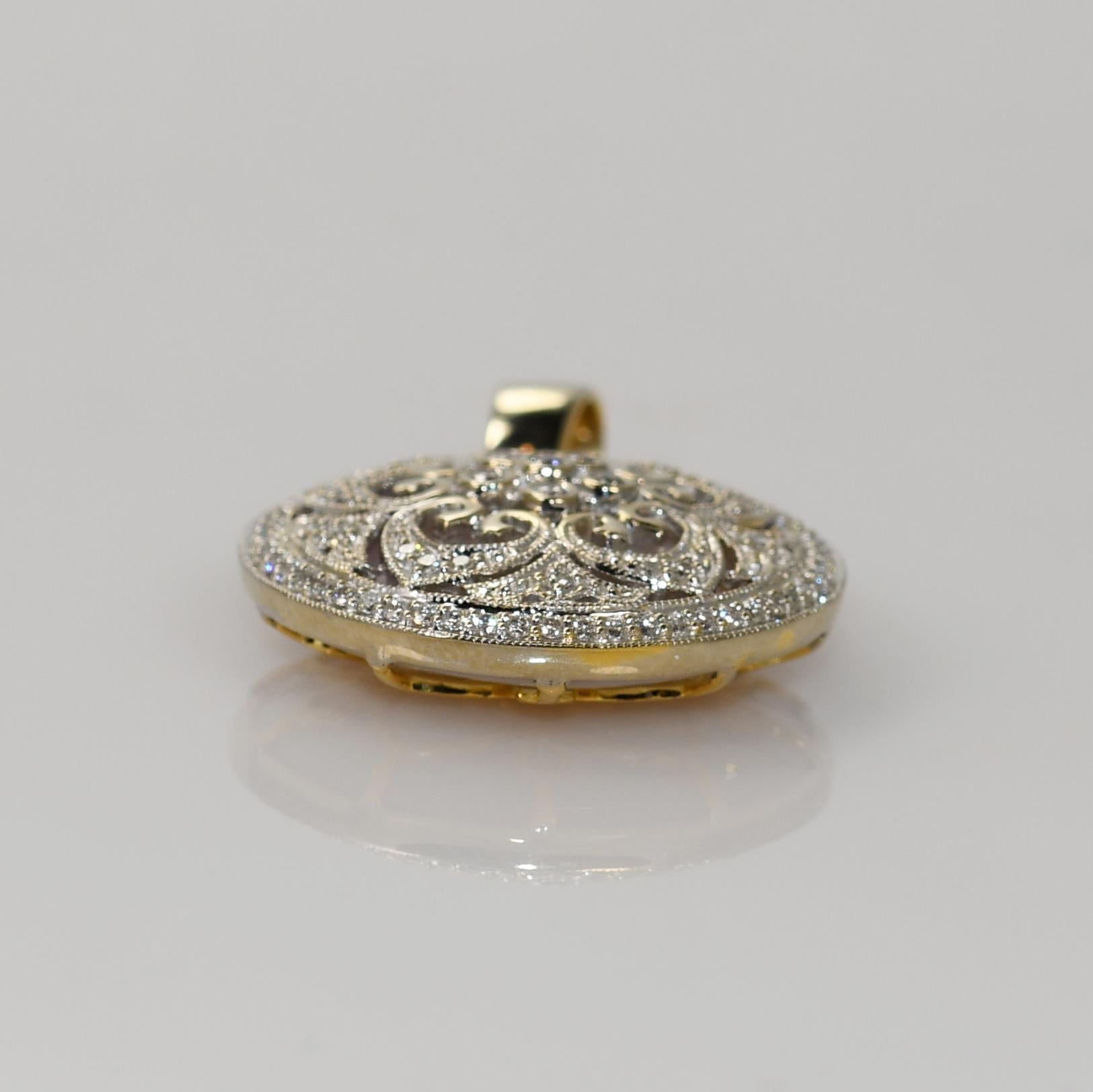 Round Cut 14K Two-Tone Gold (Reversible) Diamond & Mother of Pearl Pendant 6.5g For Sale