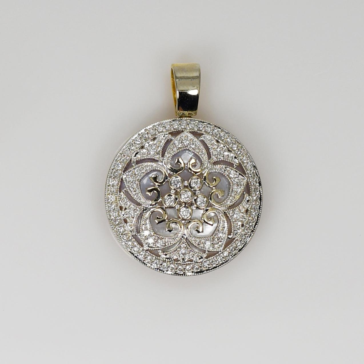 Women's or Men's 14K Two-Tone Gold (Reversible) Diamond & Mother of Pearl Pendant 6.5g For Sale