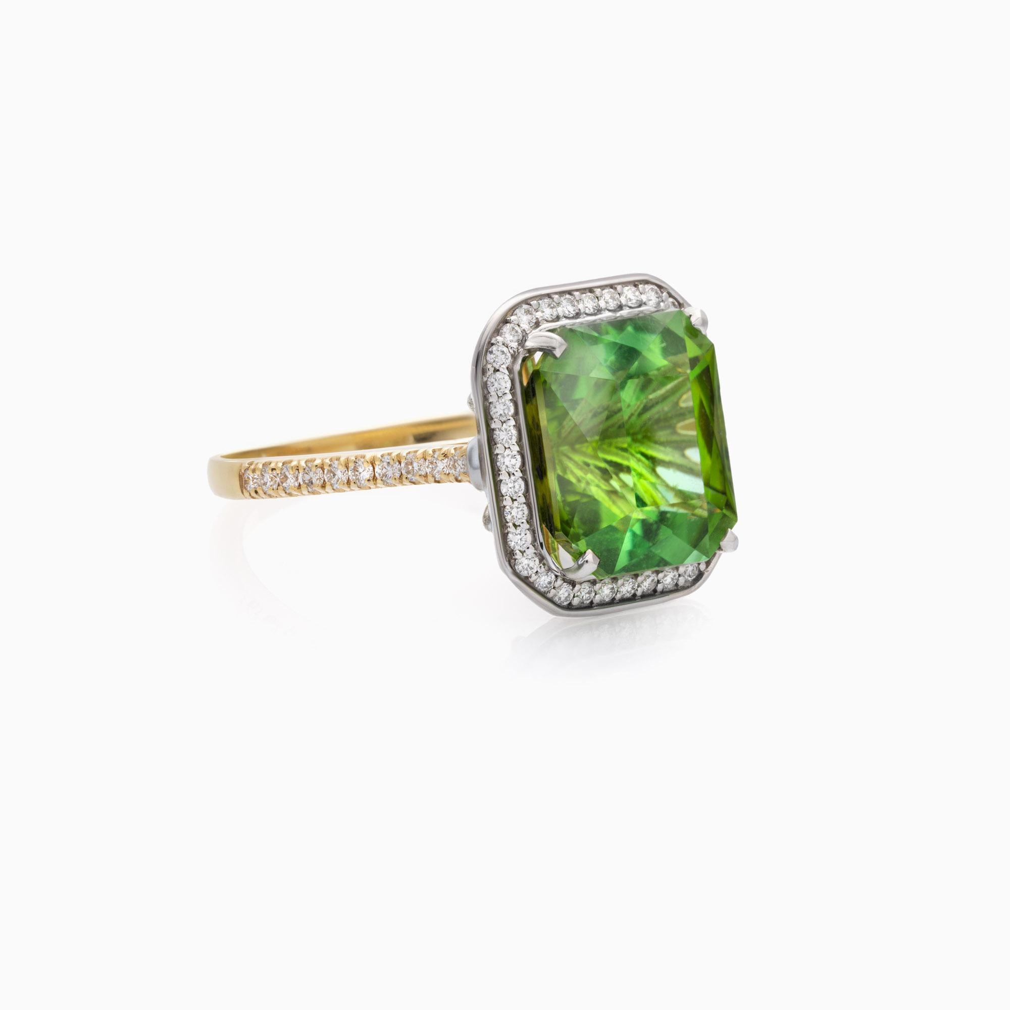 Tourmaline, 5,20 ct. Diamants, 0,30 ct. Or jaune et blanc 14k.
Cette bague bicolore remarquable est fabriquée en or jaune et blanc 14k et présente une tourmaline naturelle jaune-vert dans une élégante taille octogonale. La pierre précieuse pèse