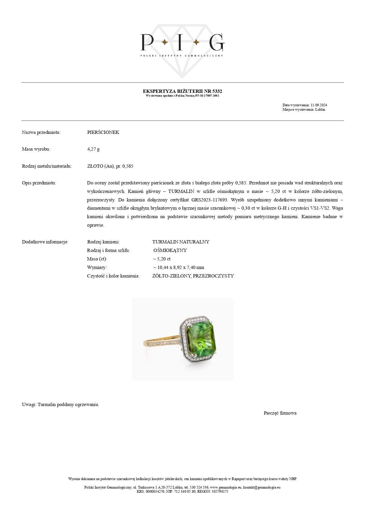 Bague en or 14k bicolore avec tourmaline jaune-verte - 5,20 ct et diamants - 0,3 Pour femmes en vente