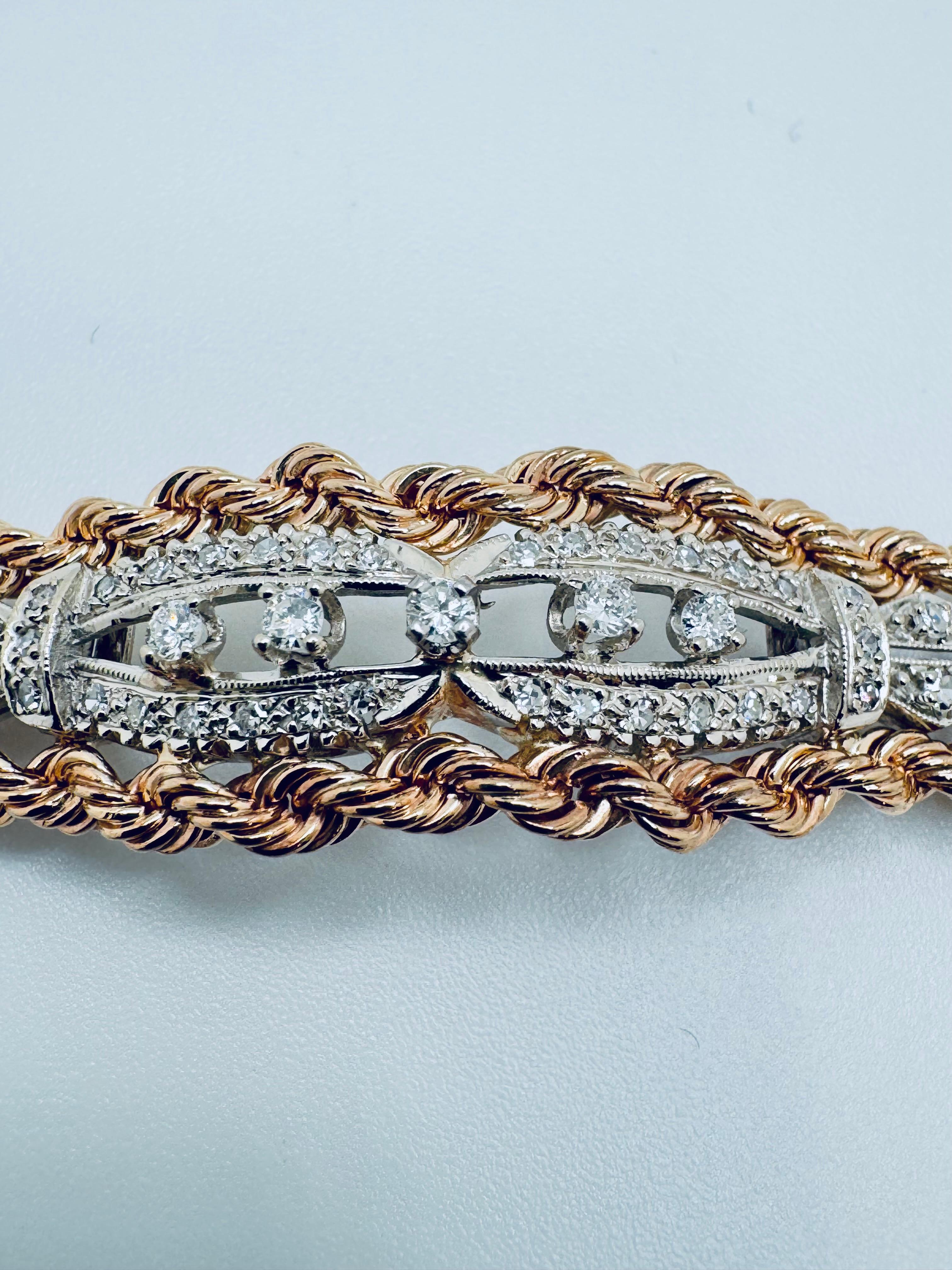 14K Two-Tone Gold Rope Chain Diamond Bracelet – 7 Inches Art Decó en venta