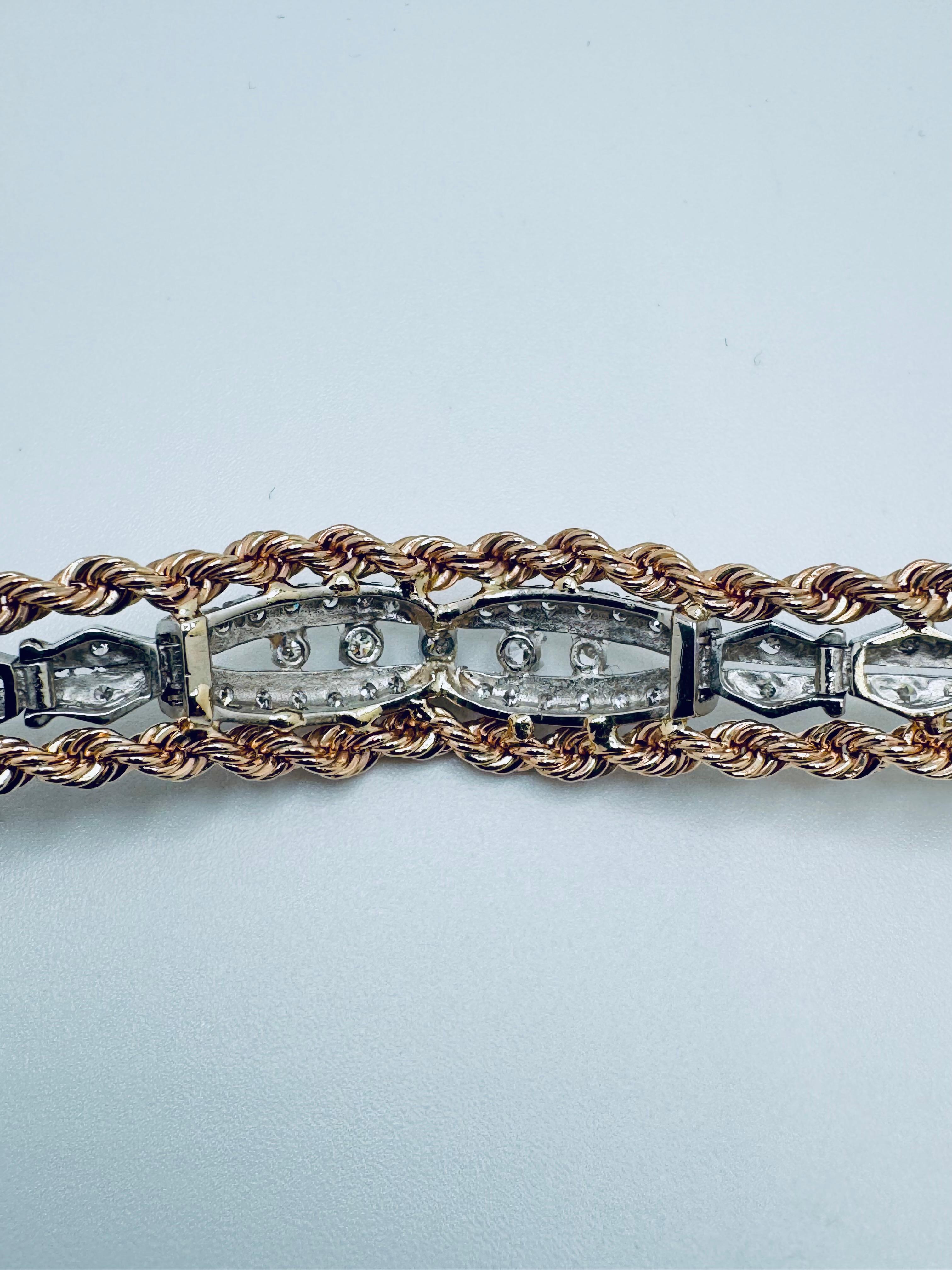 14K Two-Tone Gold Rope Chain Diamond Bracelet – 7 Inches en venta 1
