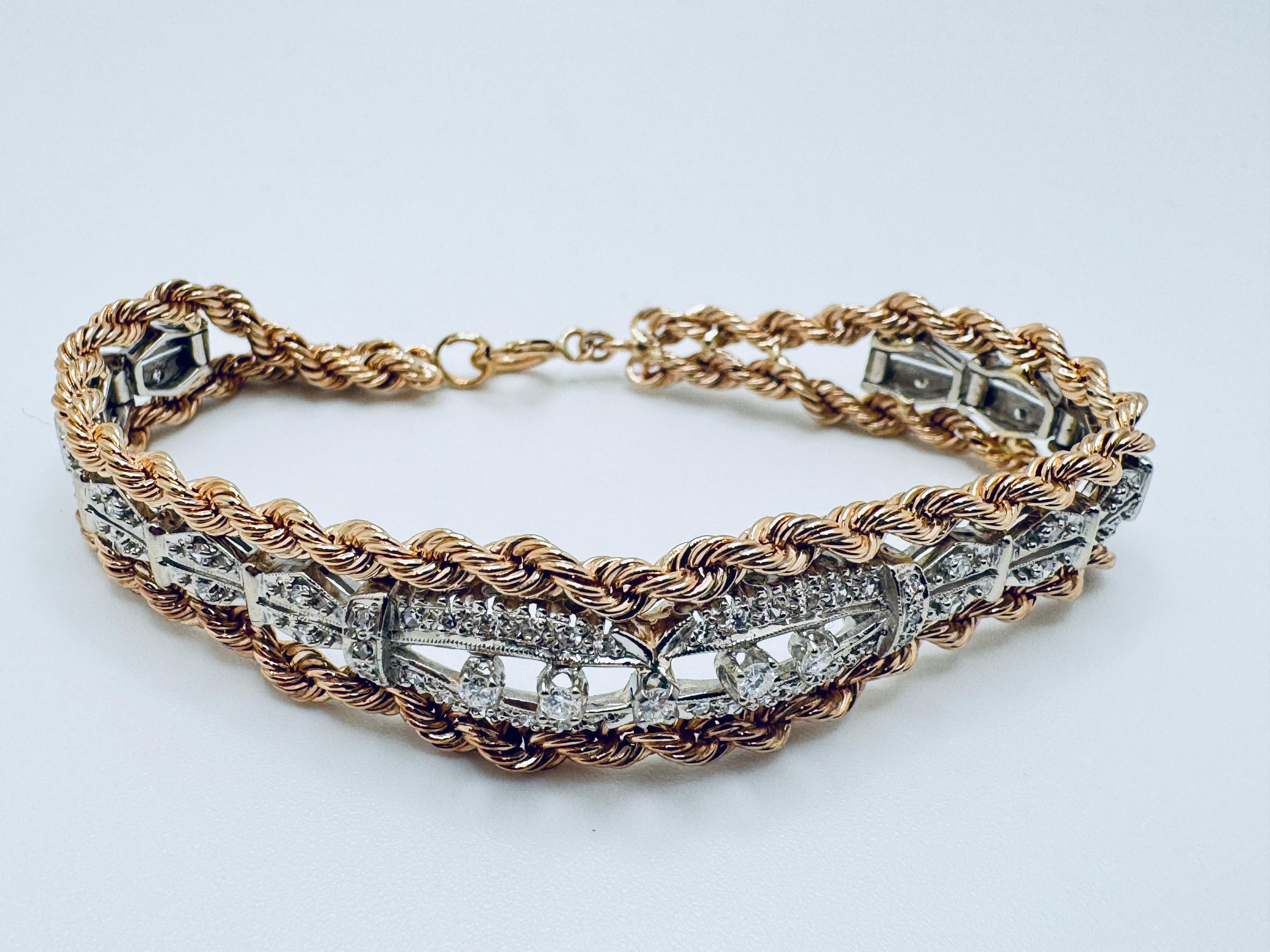 14K Two-Tone Gold Rope Chain Diamond Bracelet – 7 Inches en venta 2