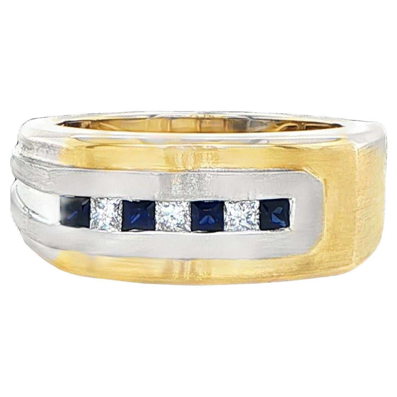 14K Two-Tone Gold Sapphire & Diamond Ring Unisex For Sale