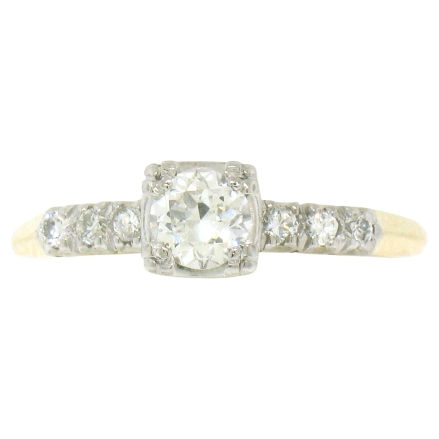 14K Two Tone Gold Solitaire Engagement Ring w/ European Cut Diamonds