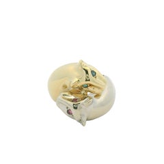 14K Two-Tone Gold Two Panther Gemstone Eye Crossover Ring In Stock