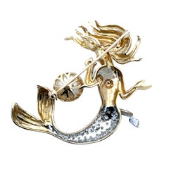 14K Two-Tone Gold Vintage Mermaid Brooch Pin with Pearl & Diamond Tail