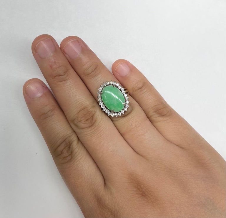 Women's 14K Two Tone Jade & Diamond Ring For Sale