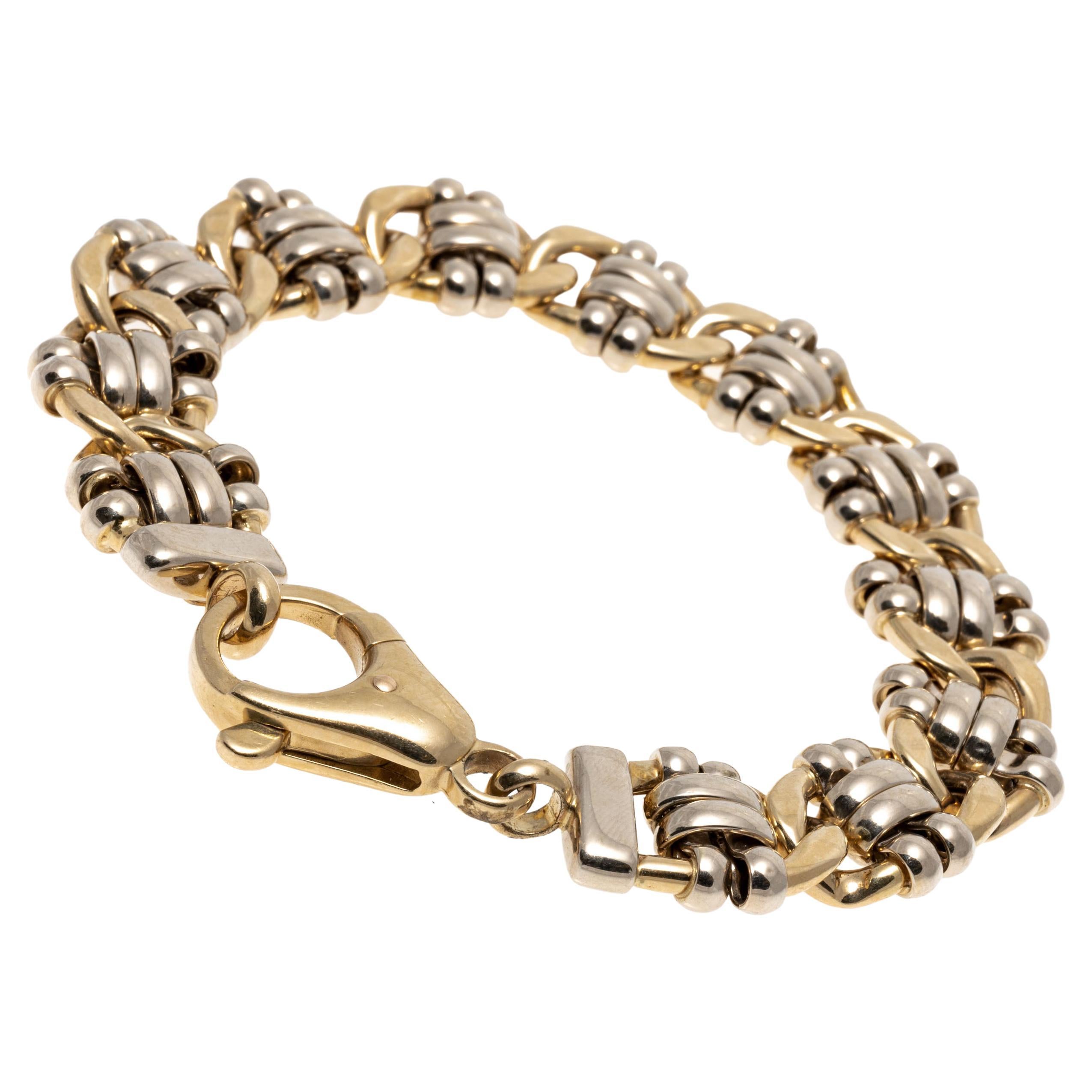 14k Two Tone High Polished Half Curb and Ribbed Link Bracelet For Sale