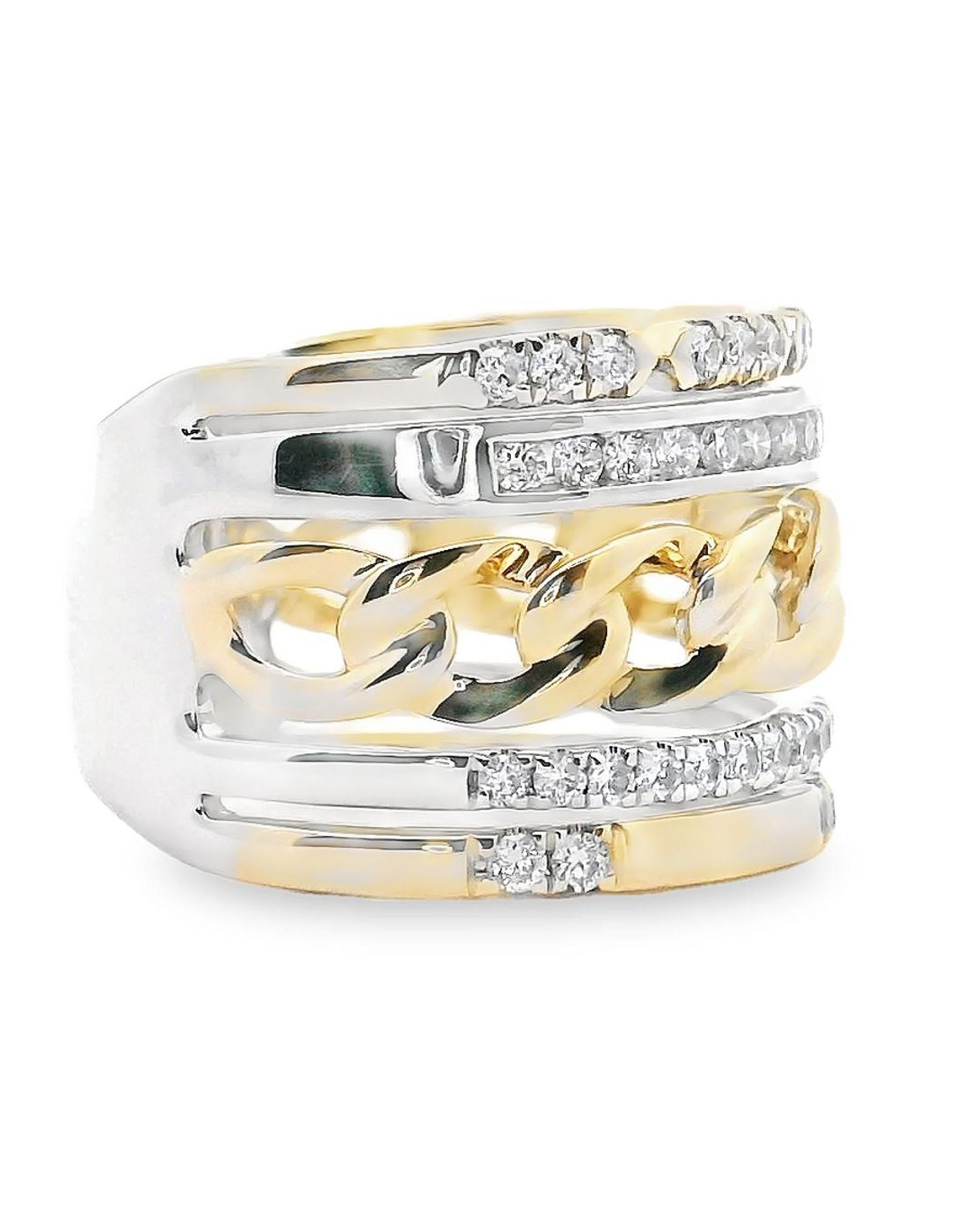 14K two tone multi band wide ring with chain detail and round faceted diamonds weighing 0.61 carats total.

* Finger size 6
* Top width 13.75mm and tapers down to 7.75mm
* Diamonds are H color, SI1 clarity