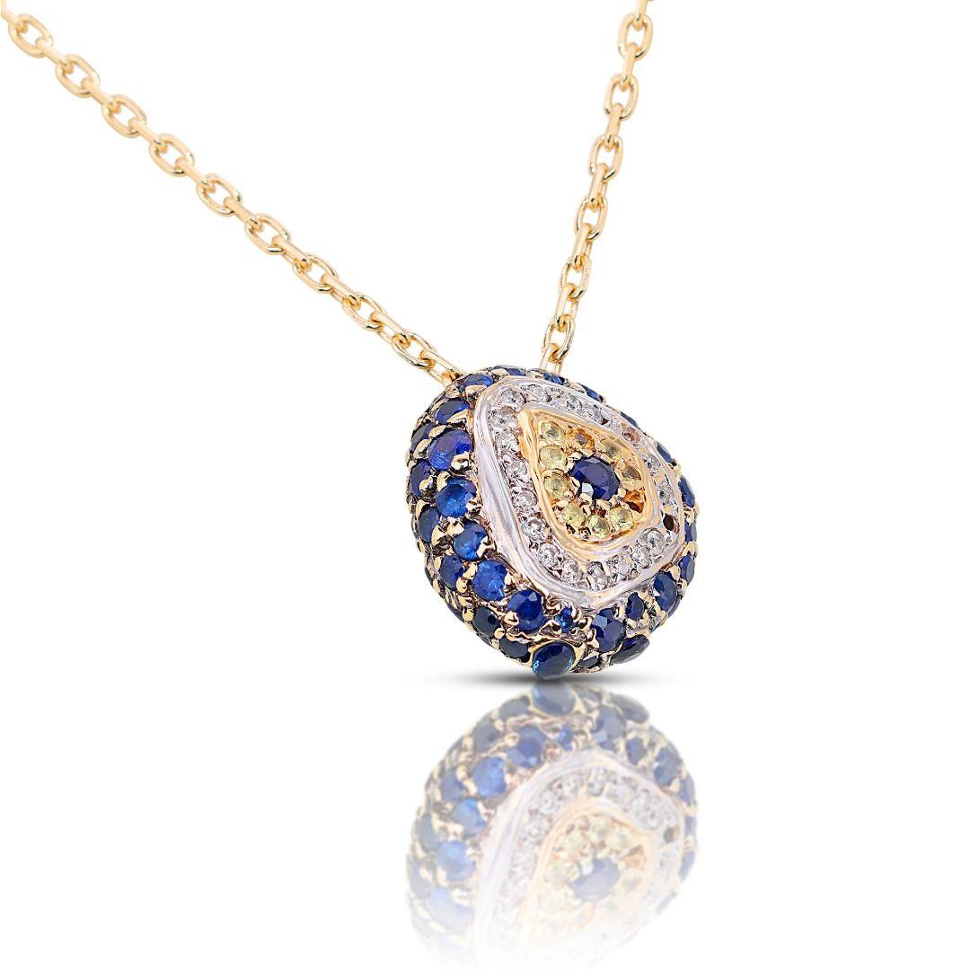 Round Cut 14K Two Tone Necklace with 1.34ct Round Sapphire and Diamonds