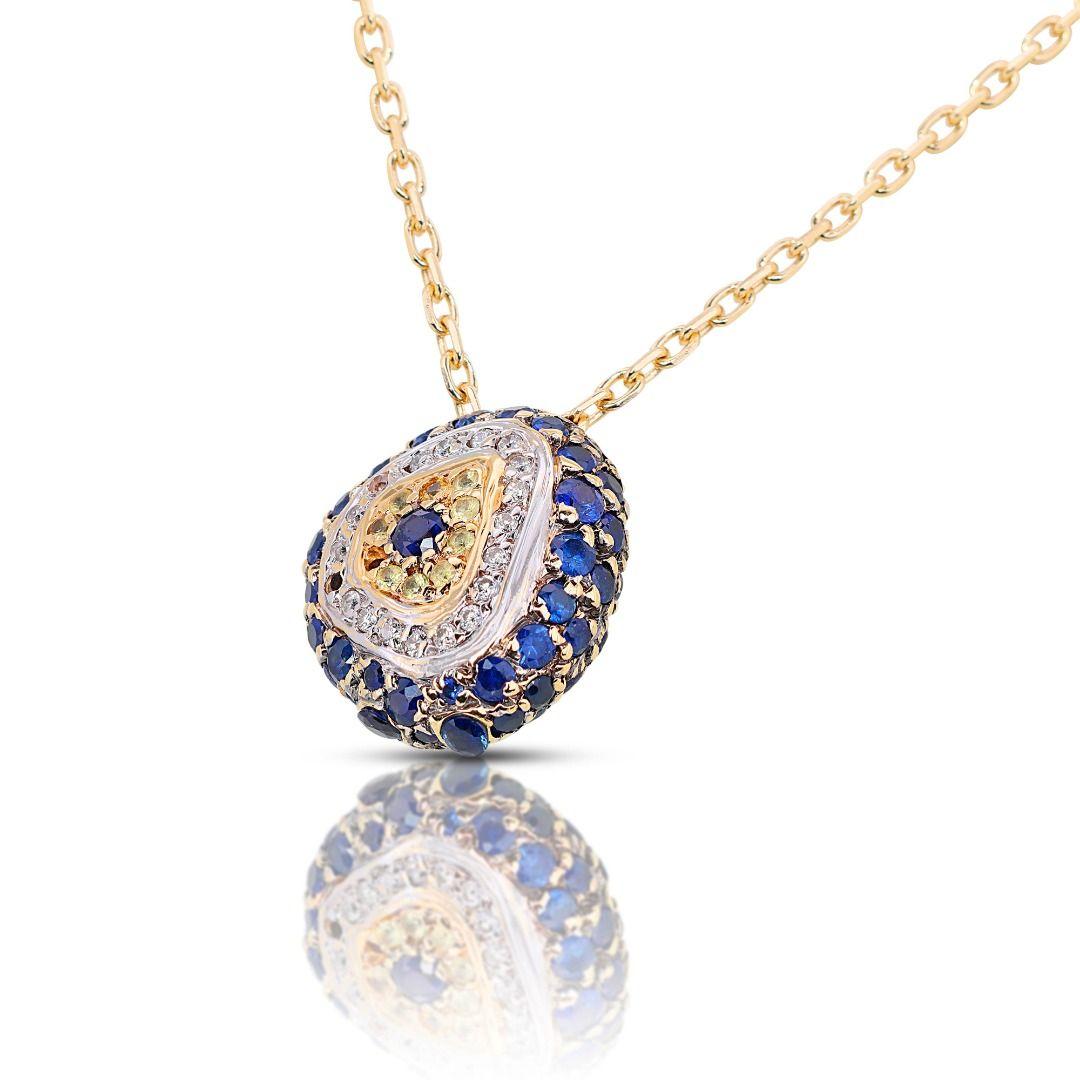 14K Two Tone Necklace with 1.34ct Round Sapphire and Diamonds In New Condition For Sale In רמת גן, IL