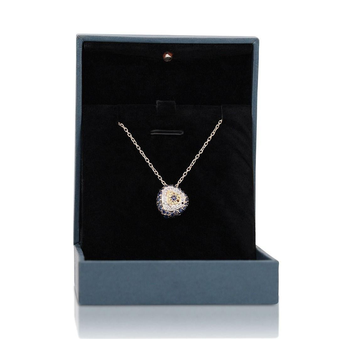 14K Two Tone Necklace with 1.34ct Round Sapphire and Diamonds For Sale 2