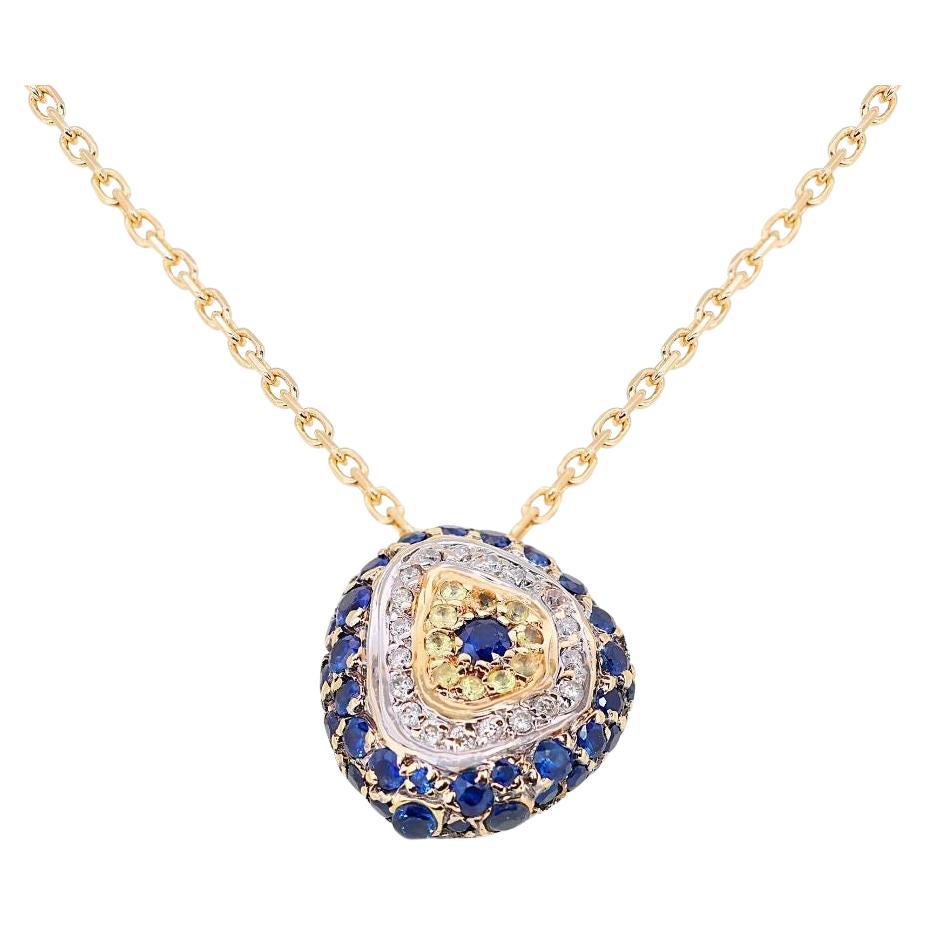 14K Two Tone Necklace with 1.34ct Round Sapphire and Diamonds