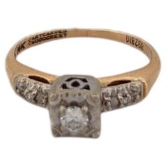 14K Two Tone Ring With Diamonds and Filigree Square Top with Round Diamond