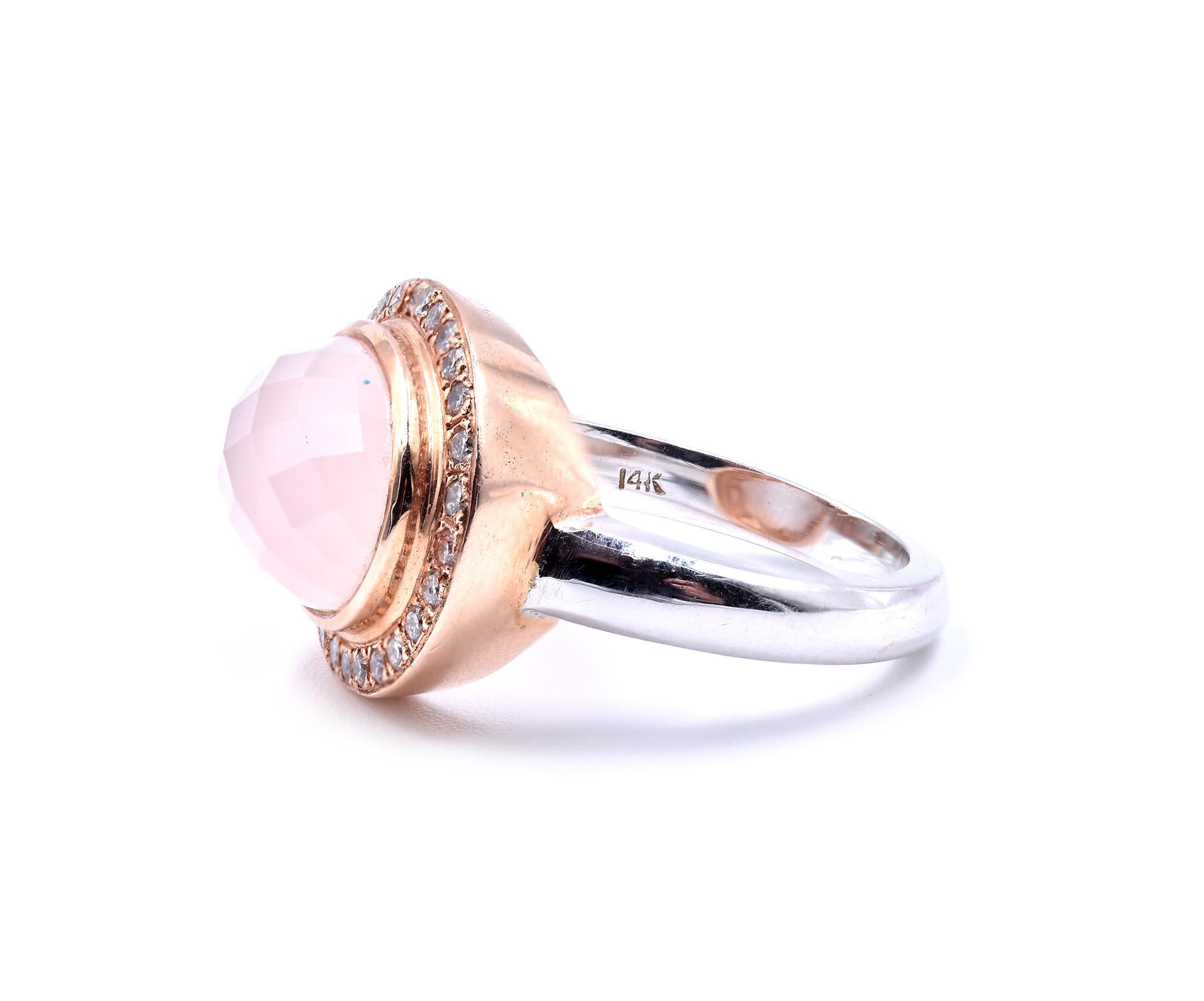 Women's or Men's 14 Karat Two-Tone Rose Quartz and Diamond Ring