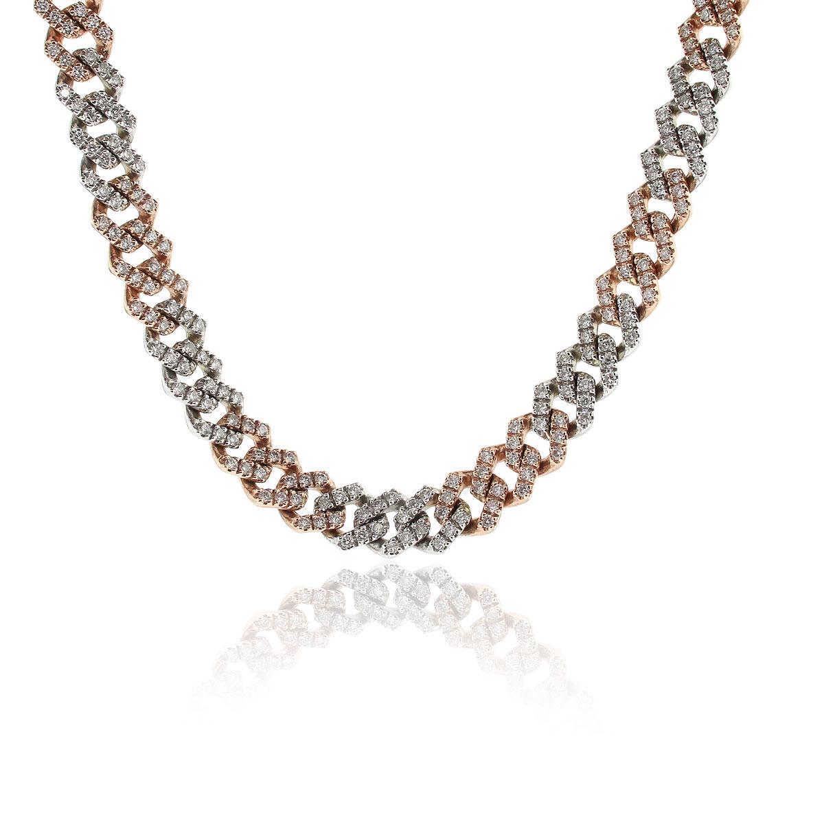 14k Two Tone White and Rose Gold 13.03ctw Diamond Pave Cuban Chain Necklace Moderno en venta