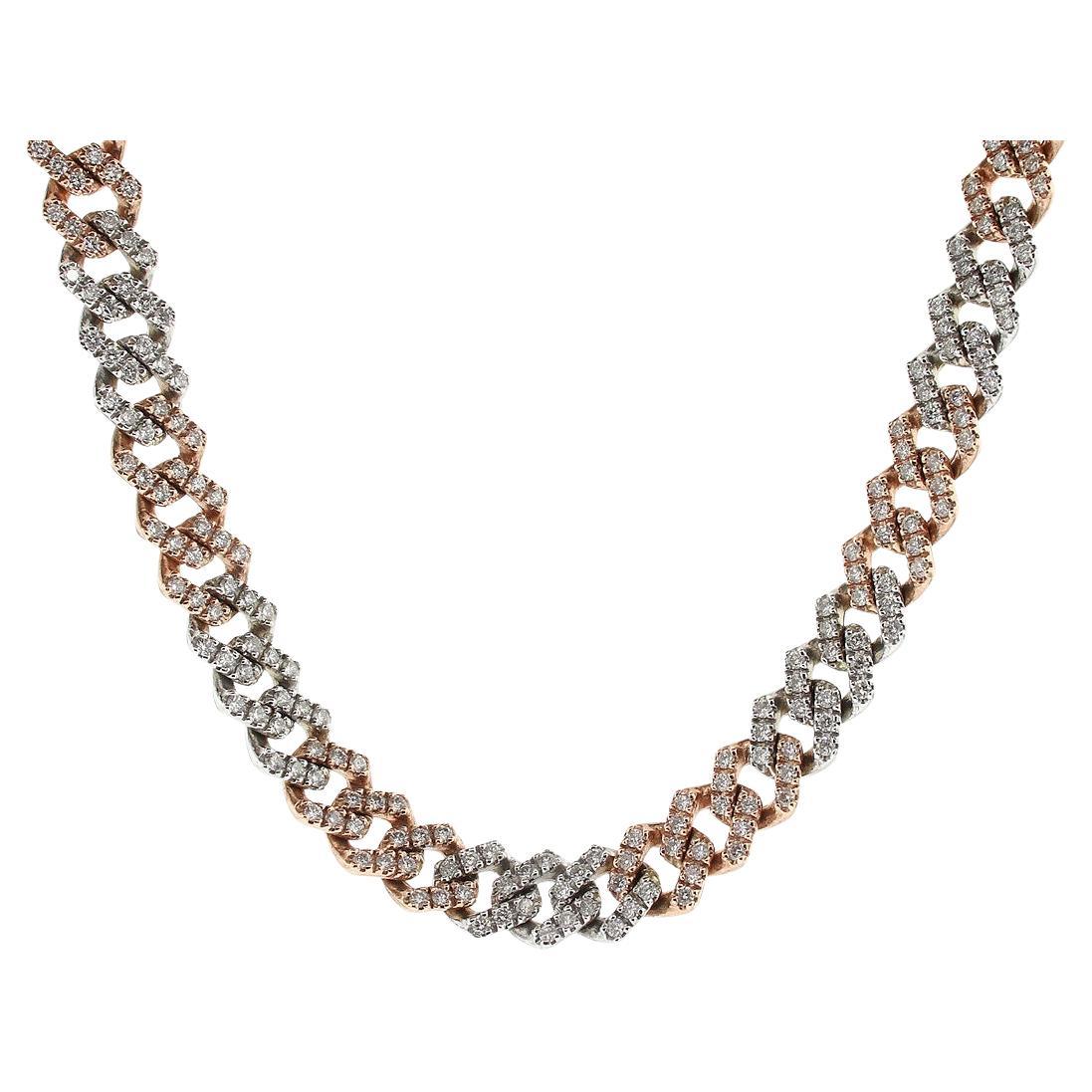 14k Two Tone White and Rose Gold 13.03ctw Diamond Pave Cuban Chain Necklace