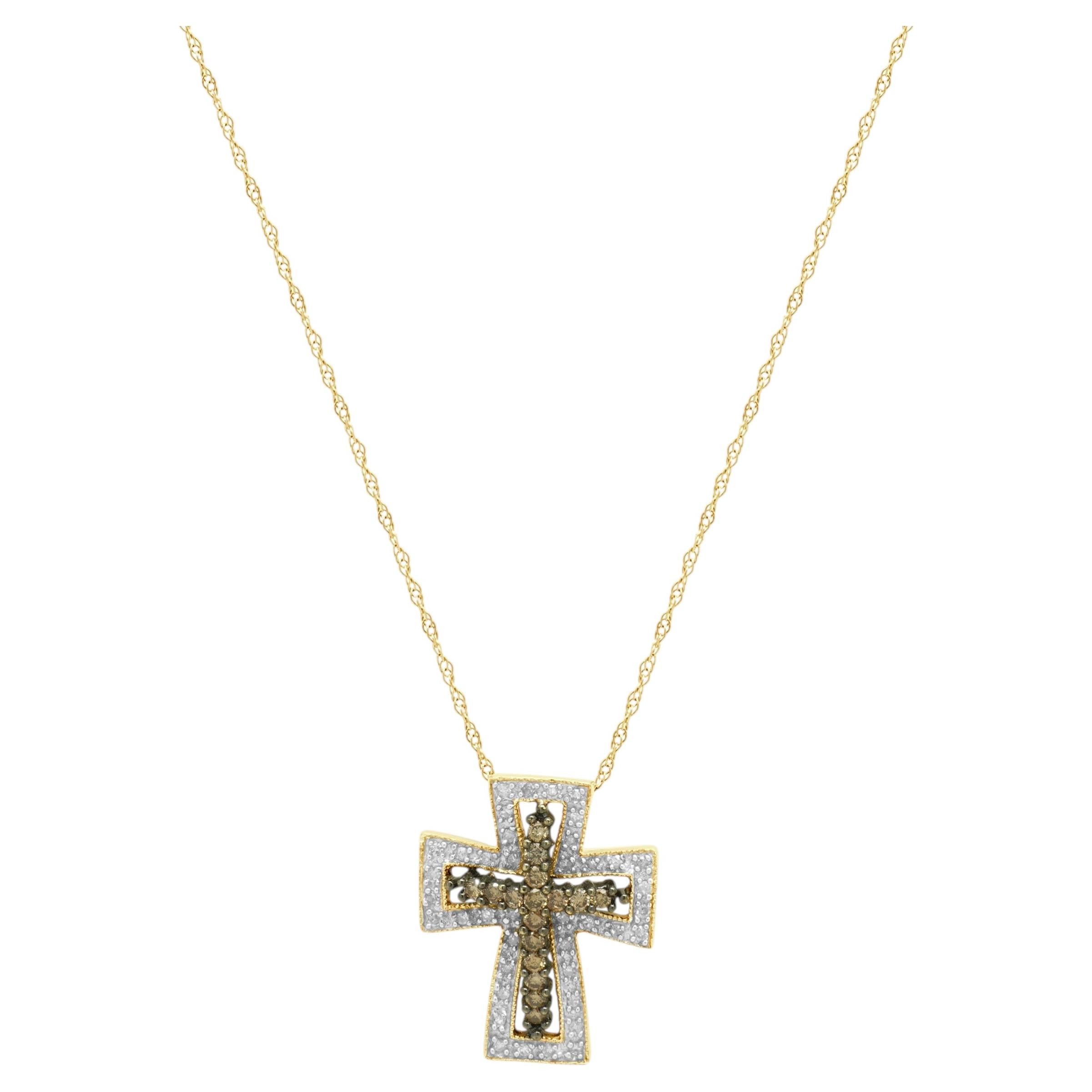 14K Two-Tone Yellow and White Gold Diamond Cross Pendant Necklace 18.0"