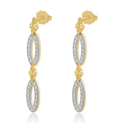 14K Two-Tone Yellow and White Gold Diamond Cut Oval Link Dangle Earrings