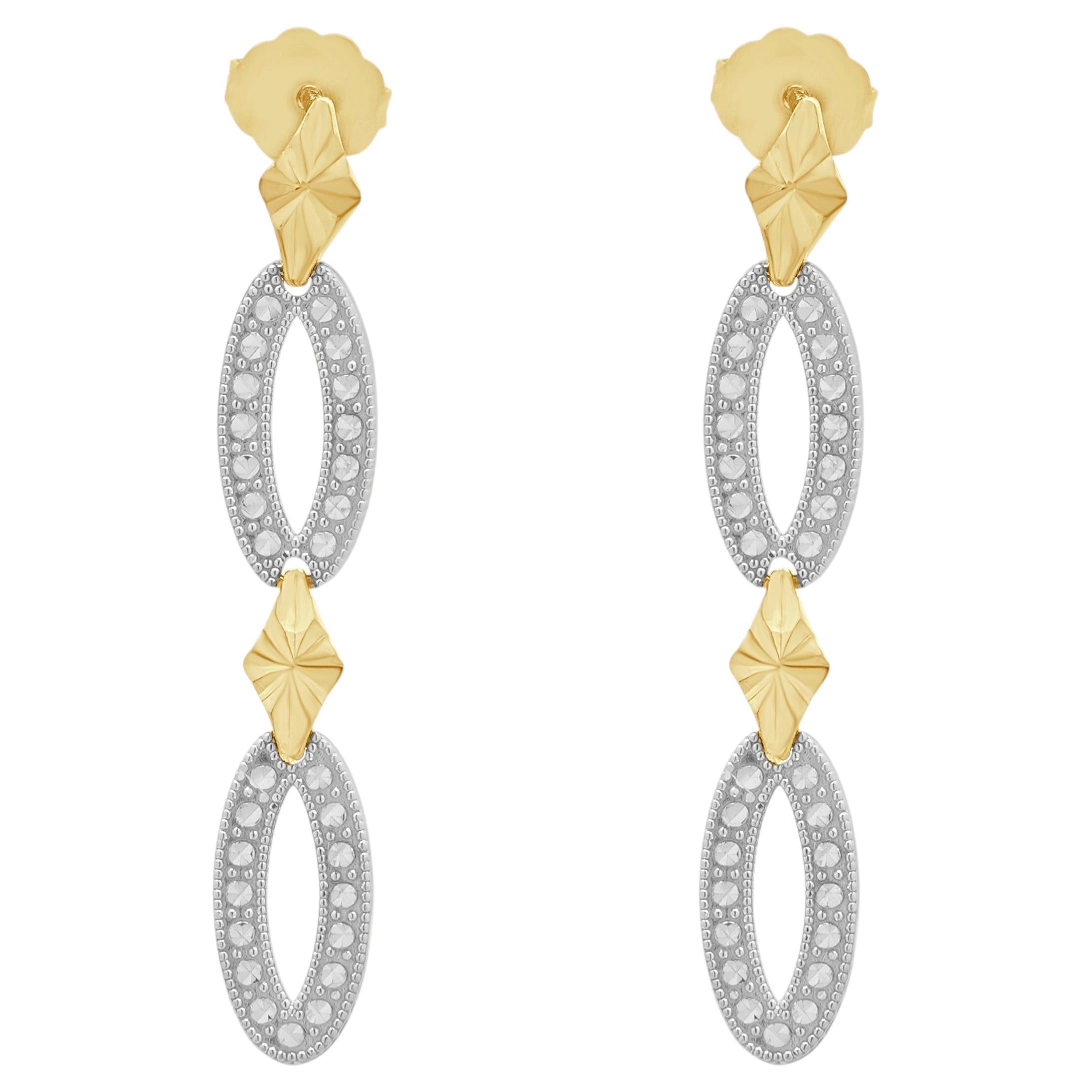 14K Two-Tone Yellow and White Gold Diamond Cut Oval Link Dangle Earrings
