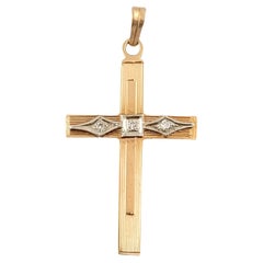 Pendentif croix creuse en or jaune et blanc 14 carats bicolore avec diamants n° 14505
