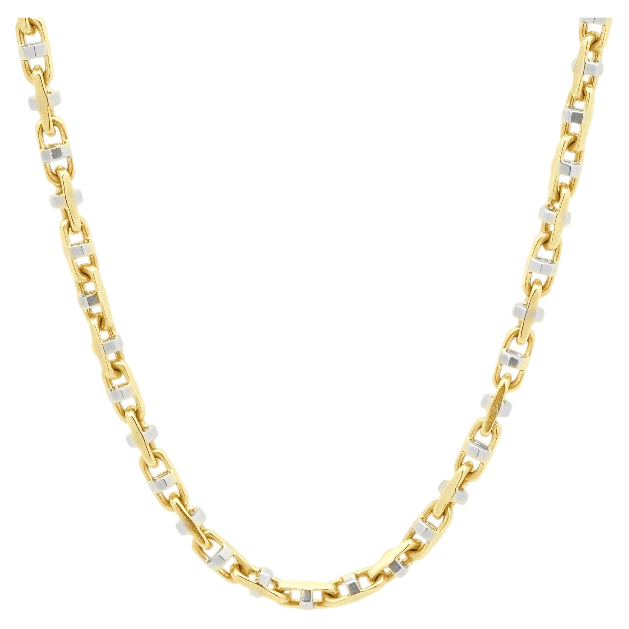 14K Two-Tone Yellow and White Gold Faceted Anchor Chain Necklace 22.25"