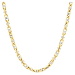 14K Two-Tone Yellow and White Gold Faceted Anchor Chain Necklace 22.25"