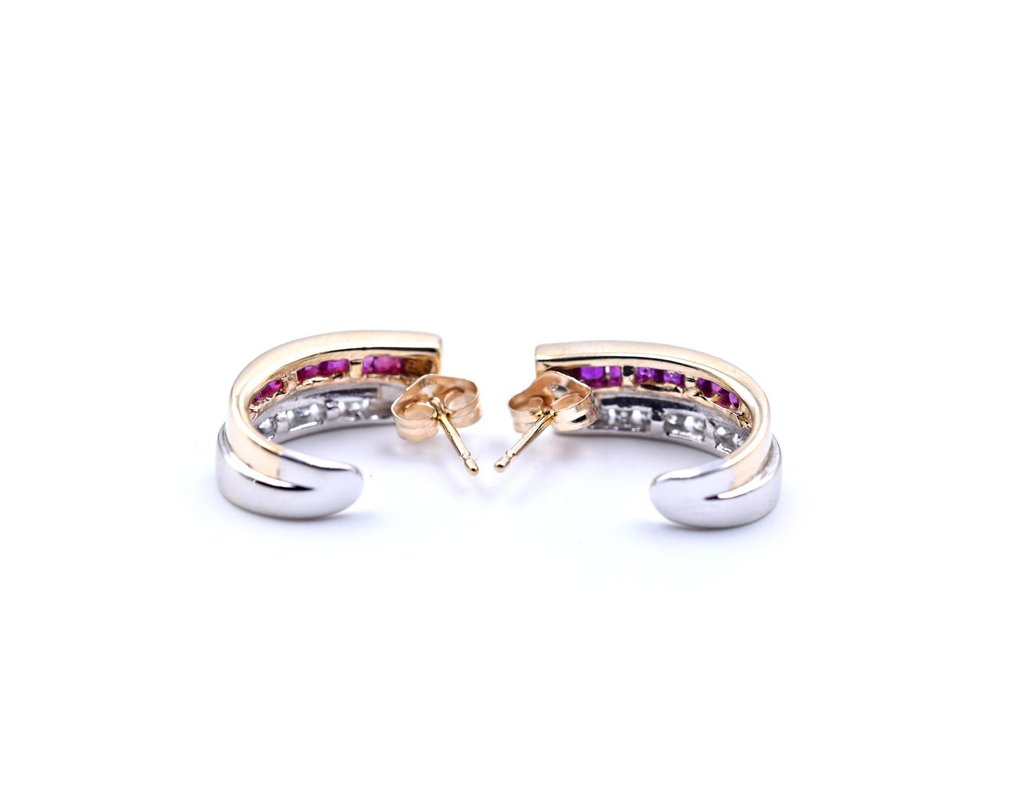 Women's 14 Karat Two-Tone Yellow and White Gold Ruby and Diamond Half Hoops