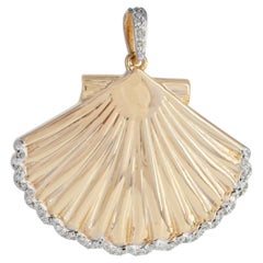 14K Yellow Gold 0.27 Ct Natural Diamond Border Scallop Shell Fine Pendant