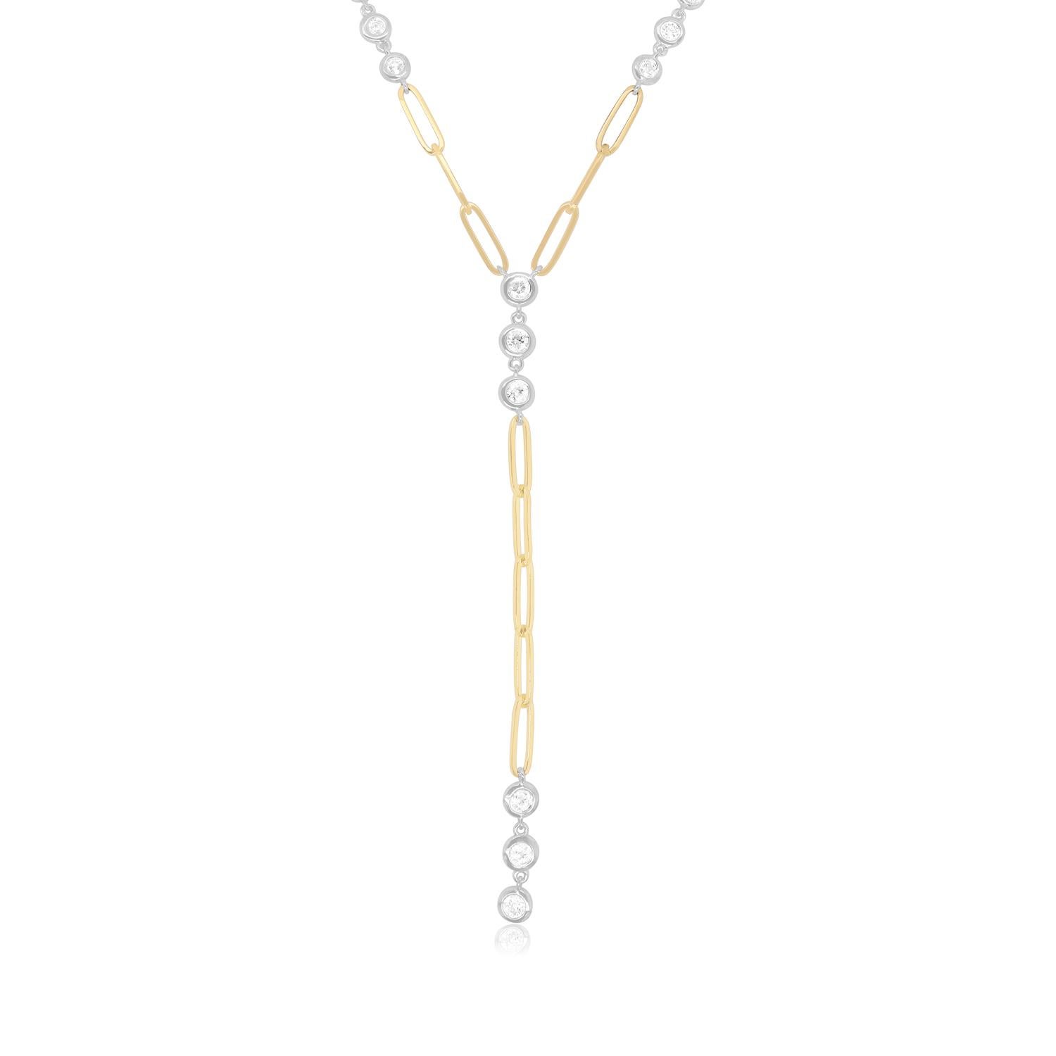 Contemporary 14K Two Tone Yellow & White Gold Round Diamond Paperclip Lariat Fashion Necklace