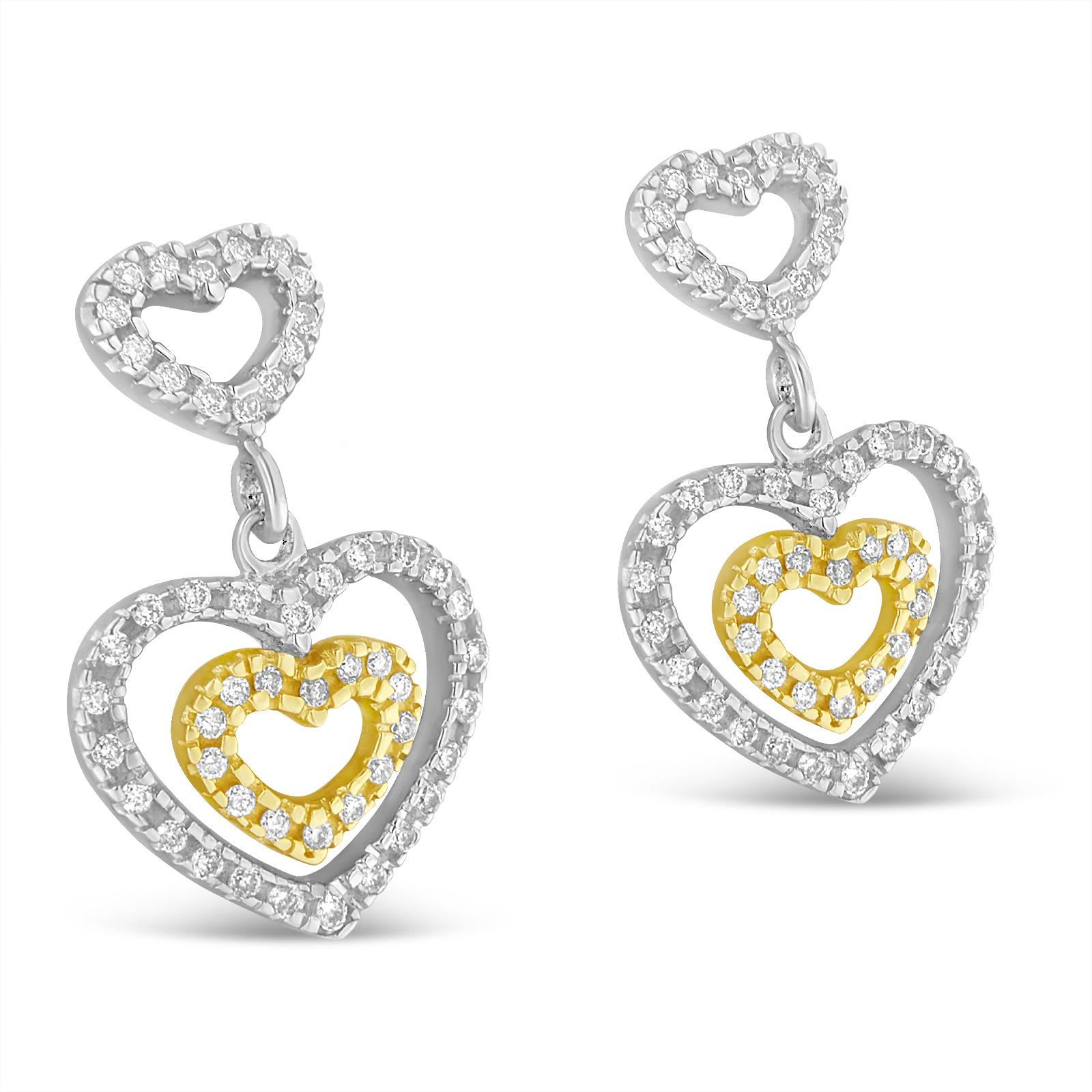 Celebrate your love by giving this alluring two-toned pair of dangle earrings to her. It features three hearts in each of the earrings, which is embellished with shimmering round-cut diamonds. Construction of this elegant pair of earrings with