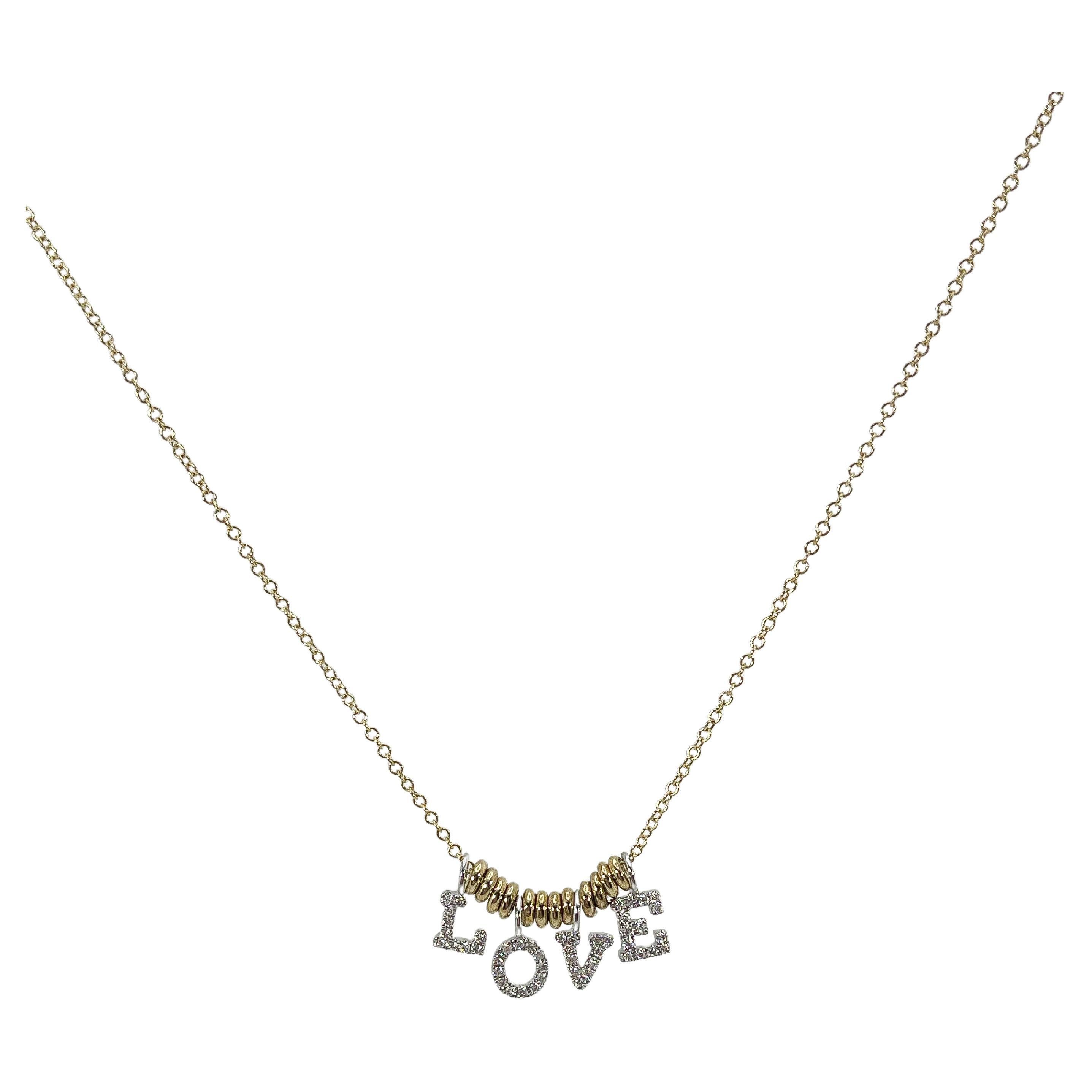 14K Two Toned .12 CTW Diamond "LOVE" Drop Pendant Necklace  For Sale