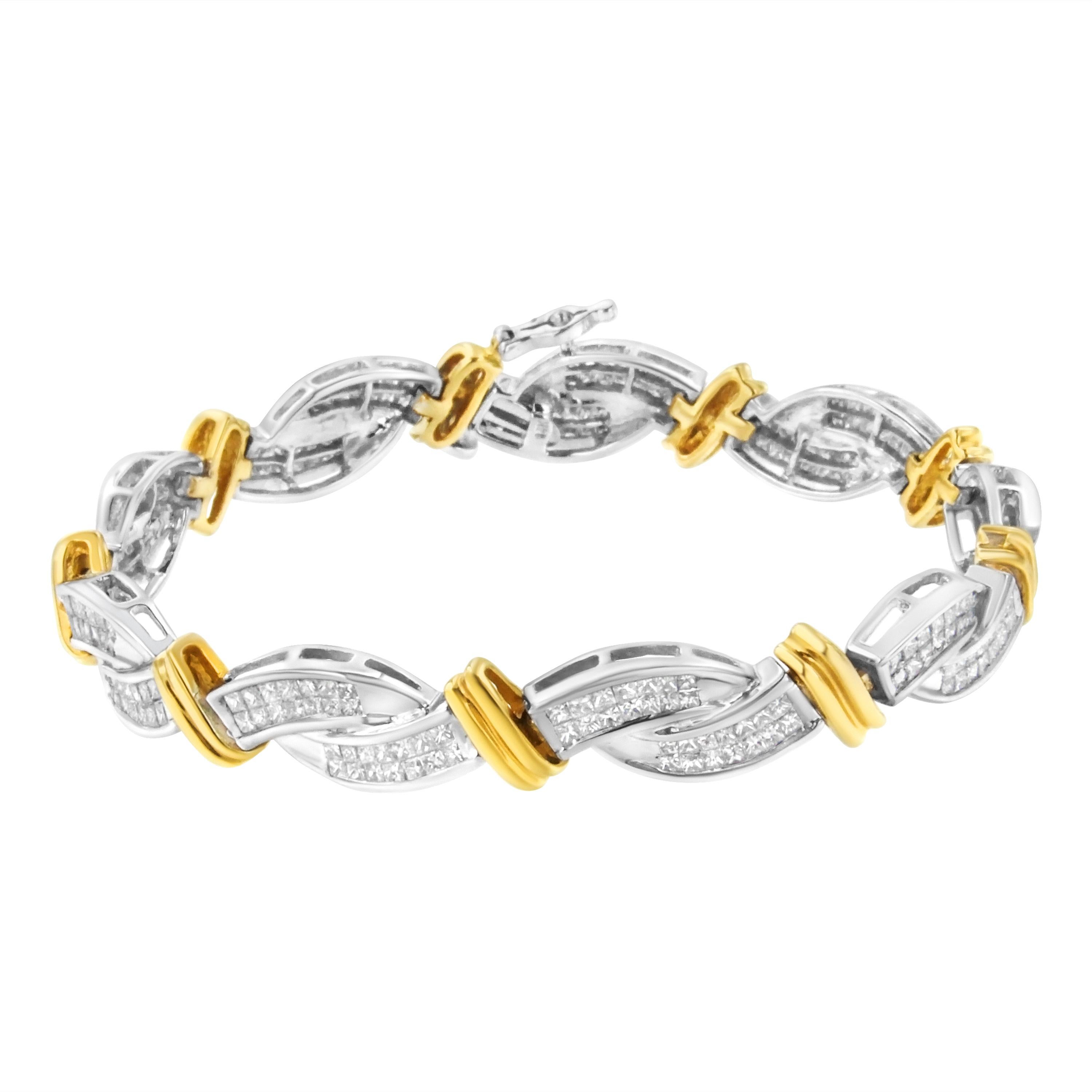 A lovely complement to any style, this 14 karats two-toned gold bracelet comes with box clasp lock with which the bracelet will rest beautifully on your wrist. Representing a twisted design with gold ribbon accents, it is ornate with glittering