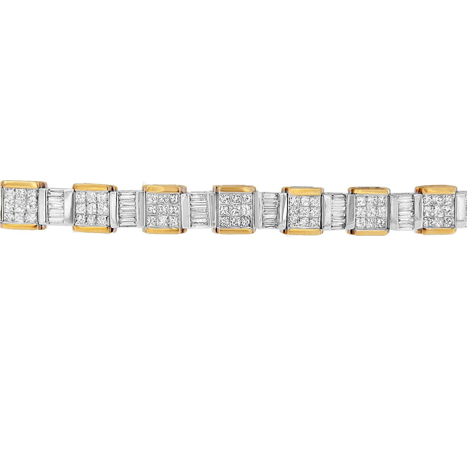 A stylish look just for her, this 14 karats two-toned diamond bracelet is sure to take her breath away. Fashioned in sterling silver and yellow gold, the timeless design features sparkling princess and baguette cut diamonds in a channel setting.