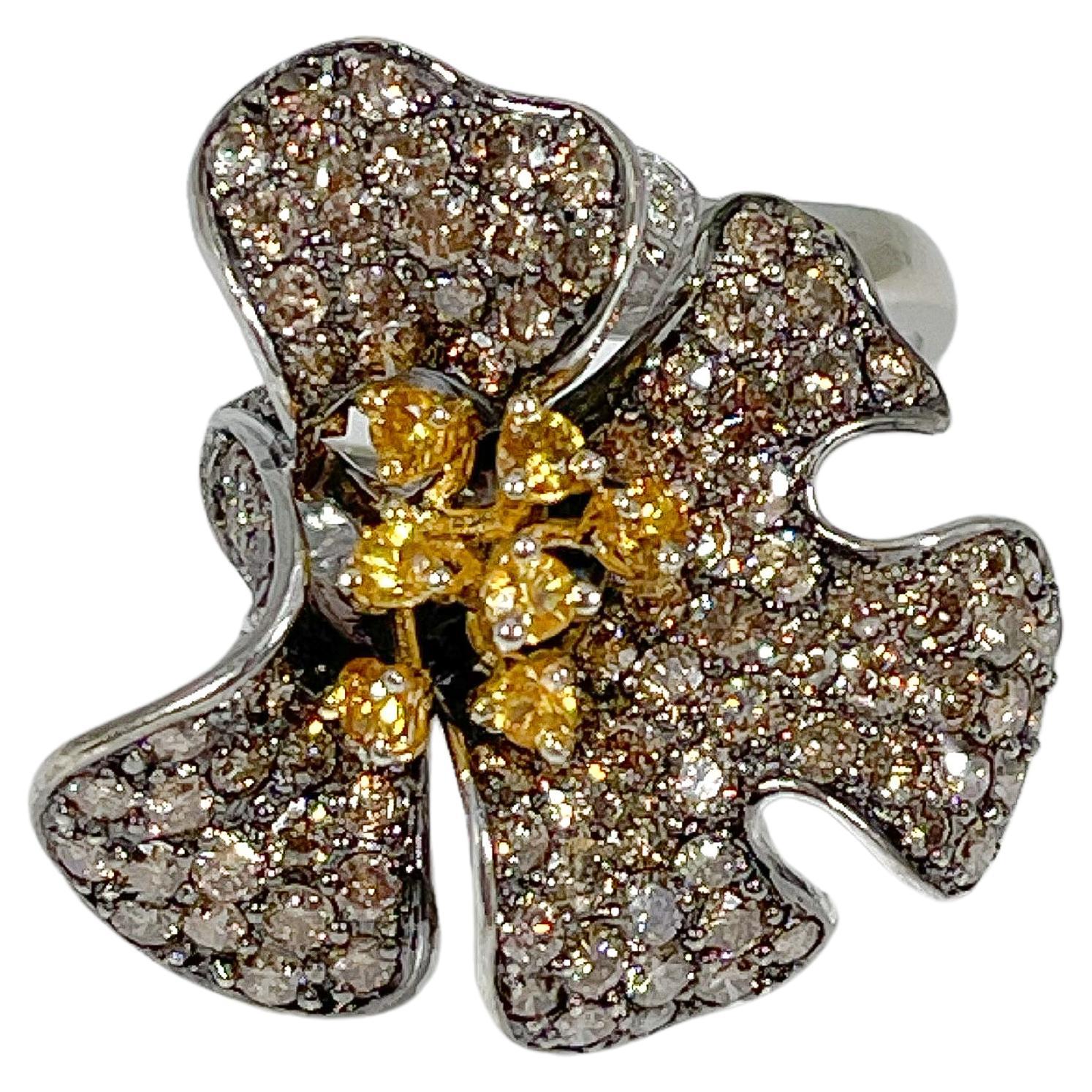 14K Two Toned Diamond Flower Ring  For Sale