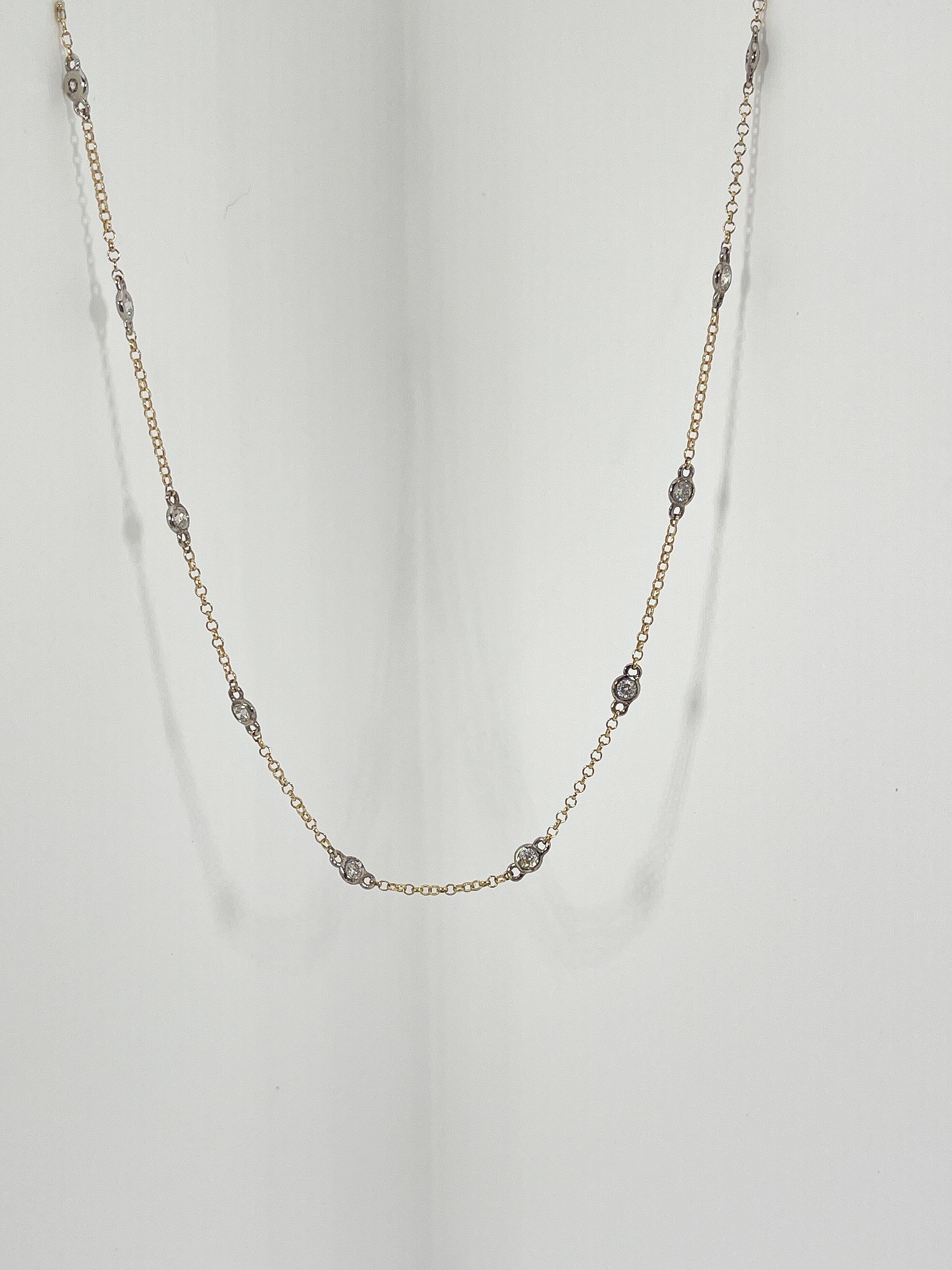 Round Cut 14K Two Toned Diamonds By The Yard Necklace .75 CTW For Sale