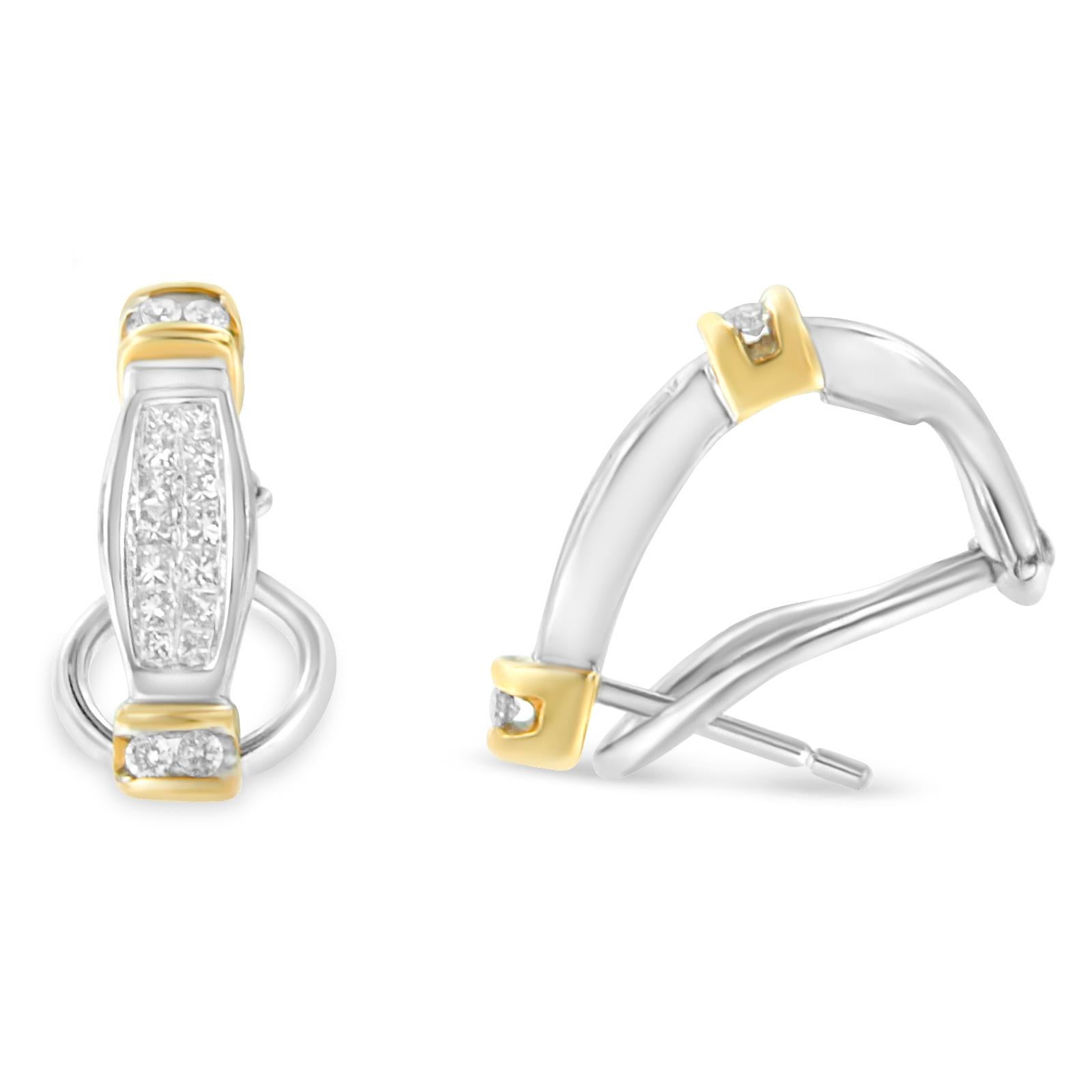 Stunningly designed, these diamond hoop earrings will surely grace your look. Composed of two-toned 14 karat white and yellow gold, these hoop earrings have a modern yet stylish design. Each of the pieces is embellished with sparkling round and