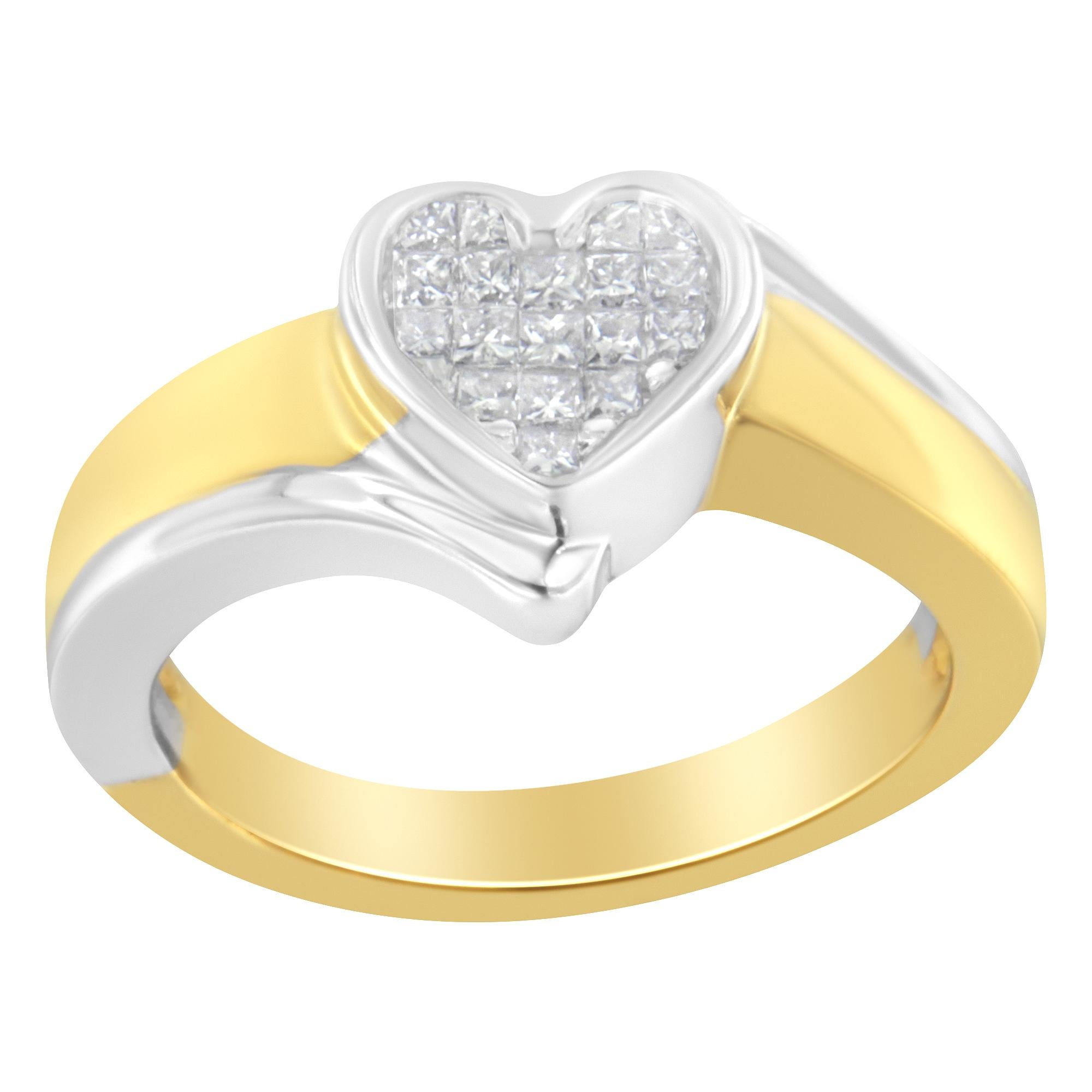 14K zweifarbiges Gold 1/4 Karat Gesamtkaratgewicht Prinzessinnenschliff Diamant Herz Verlobungsring (Moderne) im Angebot