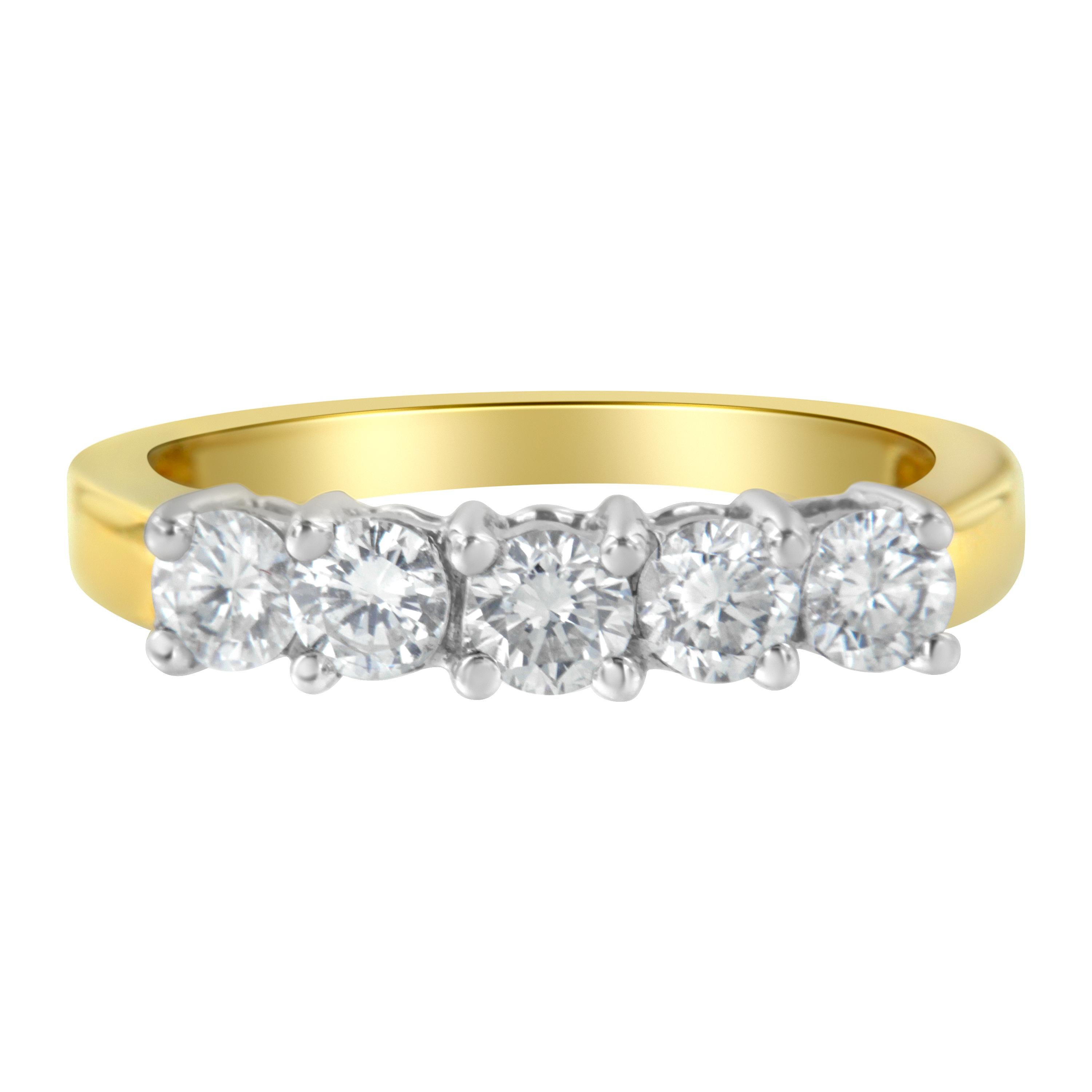 A luxurious 5 stone gold and diamond ring. This stunning ring has 5 round-cut, natural diamonds set in a prong setting. The beautiful diamonds are set in lustrous 14k two-toned gold. 

'Video Available Upon Request'

Product features:

Diamond Type: