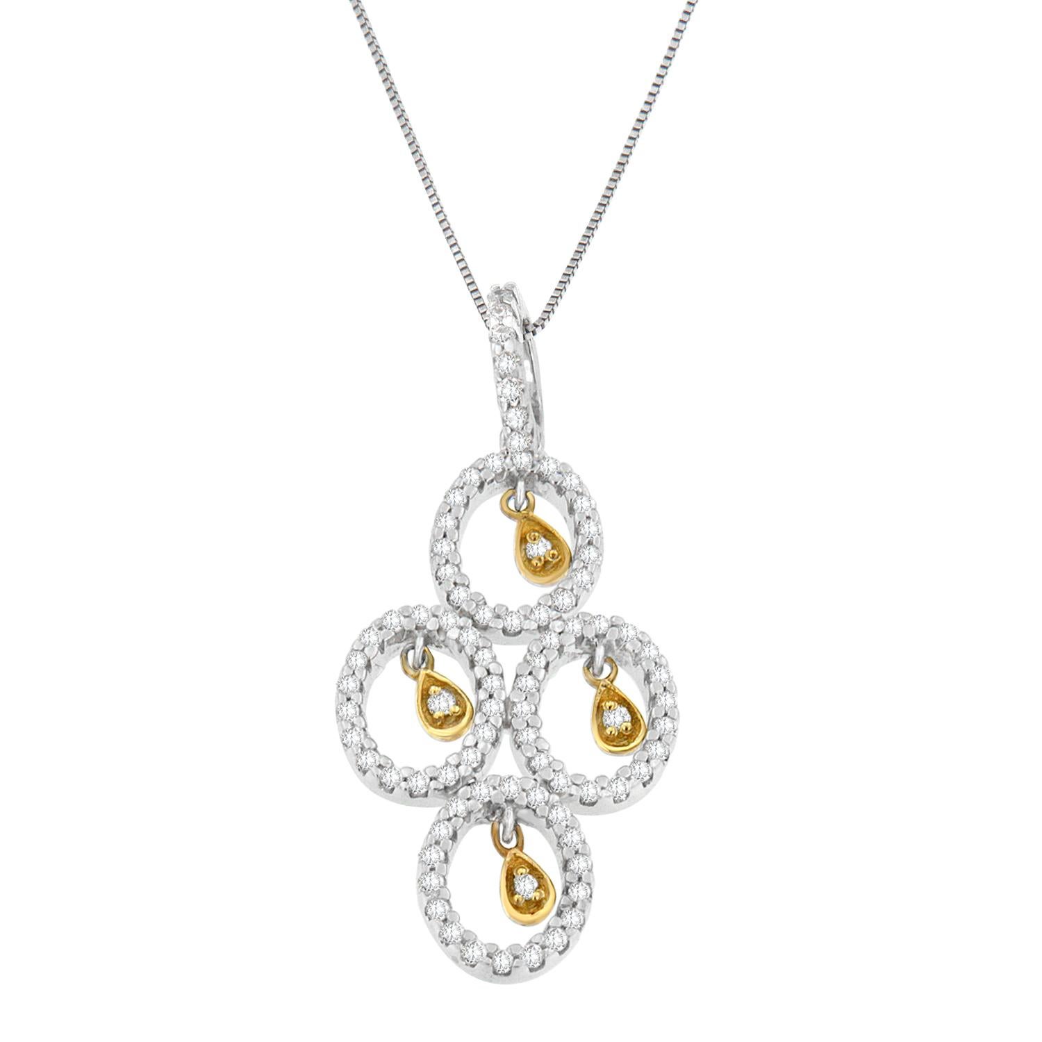 Certain to scatter shine everywhere; this uniquely designed pendant with circular and teardrop accents makes a perfect selection. Composed of 14 karats two-toned gold, the beautiful pendant is ornate with sparkling round cut diamonds, which makes it