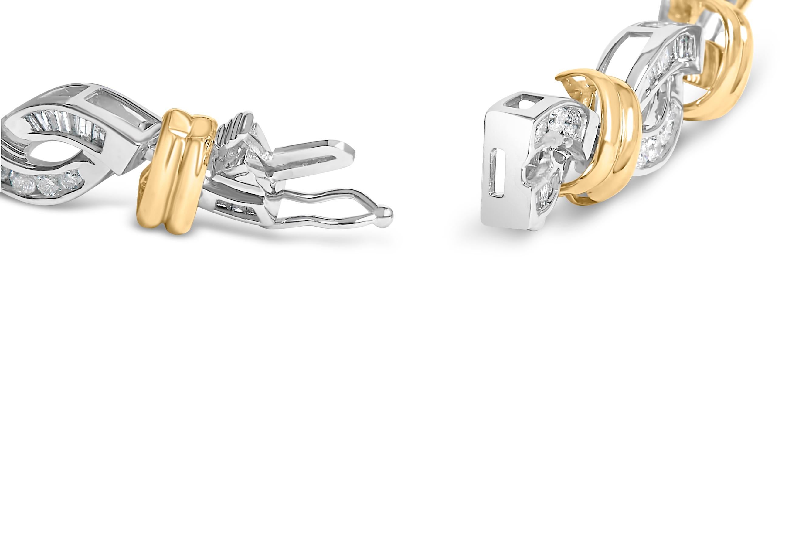 Unveil the essence of elegance intertwined with innovative design in this exquisite two-toned bracelet, masterfully crafted from 14k gold. Measuring 7 inches, it gracefully encircles the wrist, where swirls of rhodium-plated white gold interlace