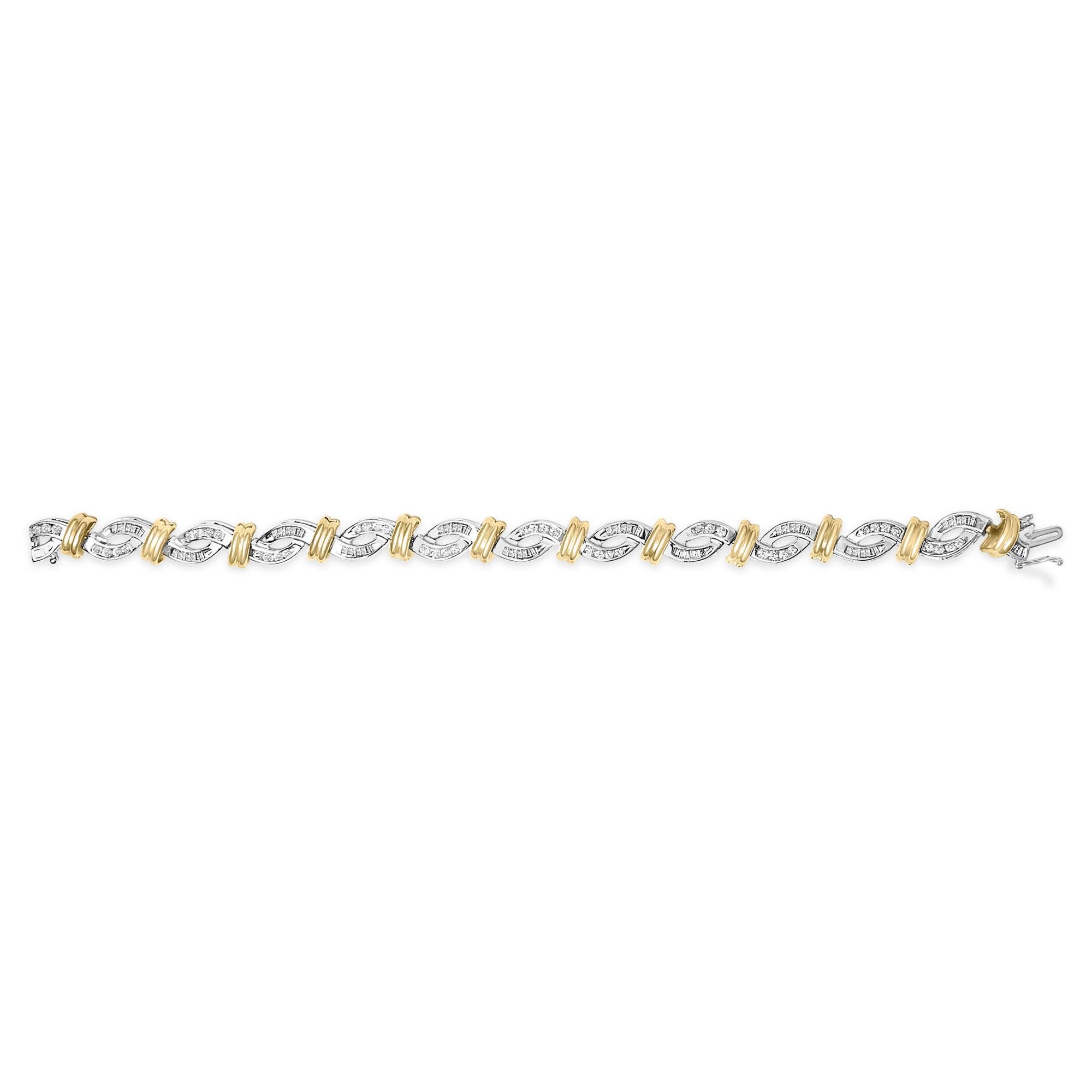Modern 14K Two Toned Gold 2.00 Cttw Diamond Bypass and Swirl Link Bracelet For Sale