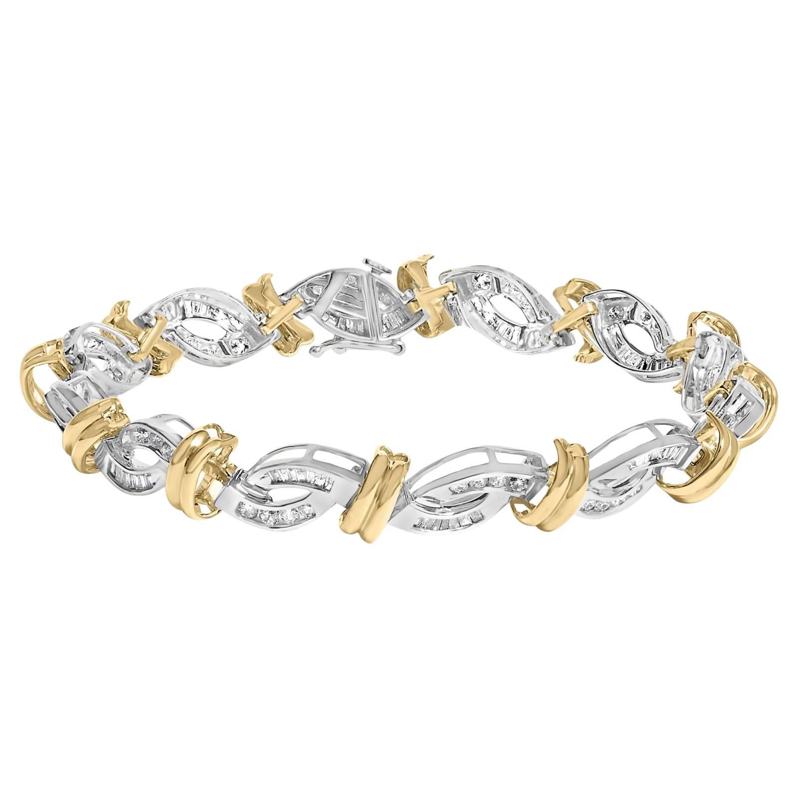 14K Two Toned Gold 2.00 Cttw Diamond Bypass and Swirl Link Bracelet For Sale