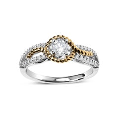 14K Two-Toned Gold 3/8 Cttw Diamond Split Shank & Beaded Halo Engagement Ring