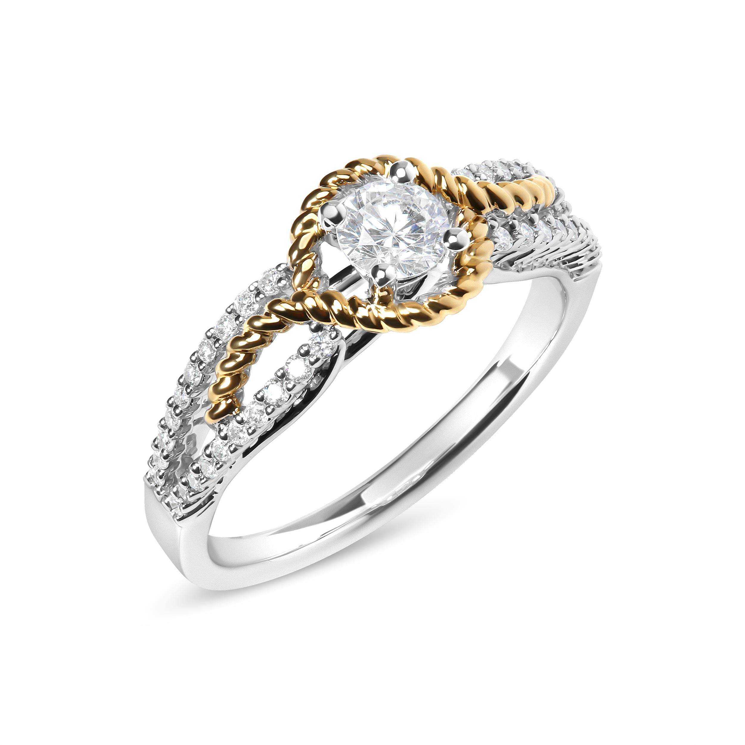 Modern 14K Two-Toned Gold 3/8 Cttw Diamond Split Shank & Beaded Halo Engagement Ring For Sale