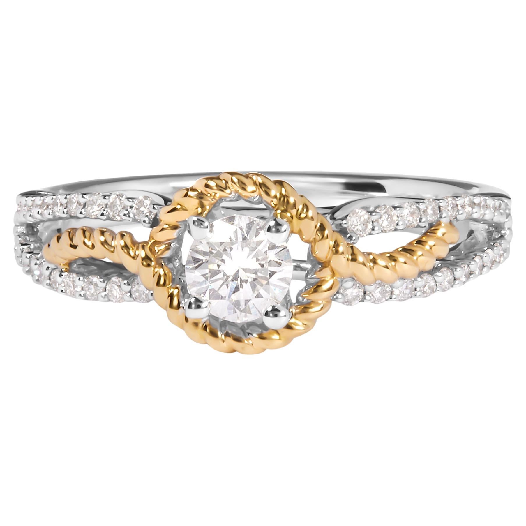 14K Two-Toned Gold 3/8 Cttw Diamond Split Shank & Beaded Halo Engagement Ring